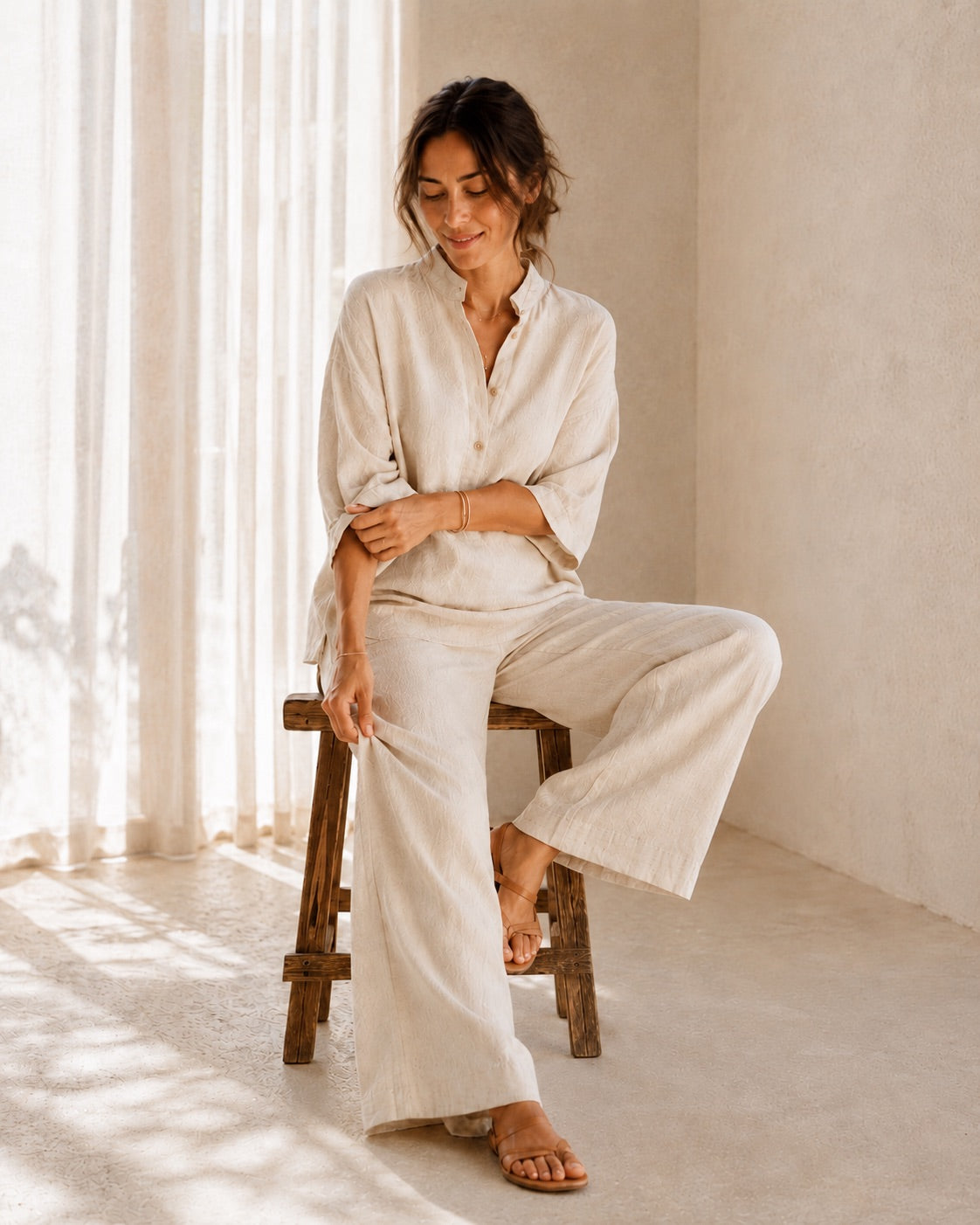 🔥60% OFF🔥Women's Batwing Sleeve Linen Cotton Two-Piece Set – Casual Shirt & Wide Leg Pants Outfit