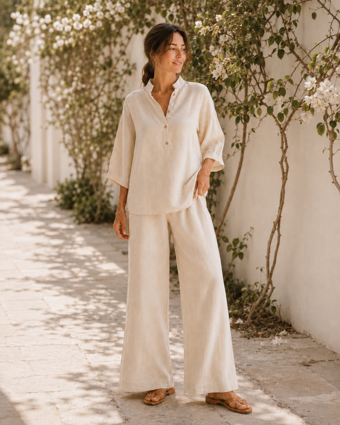 🔥60% OFF🔥Women's Batwing Sleeve Linen Cotton Two-Piece Set – Casual Shirt & Wide Leg Pants Outfit