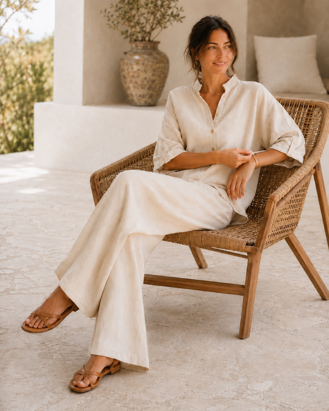 🔥60% OFF🔥Women's Batwing Sleeve Linen Cotton Two-Piece Set – Casual Shirt & Wide Leg Pants Outfit