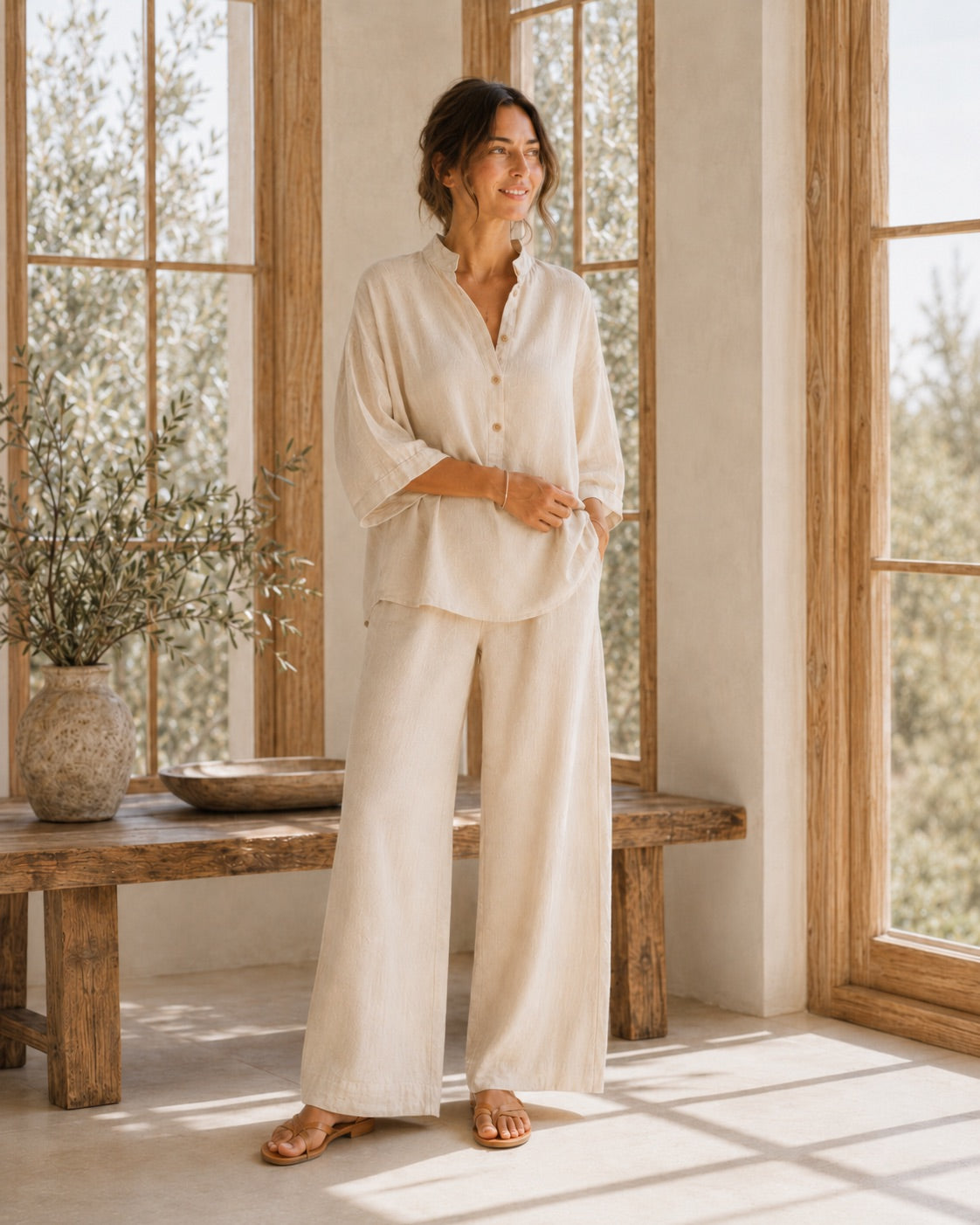 🔥60% OFF🔥Women's Batwing Sleeve Linen Cotton Two-Piece Set – Casual Shirt & Wide Leg Pants Outfit