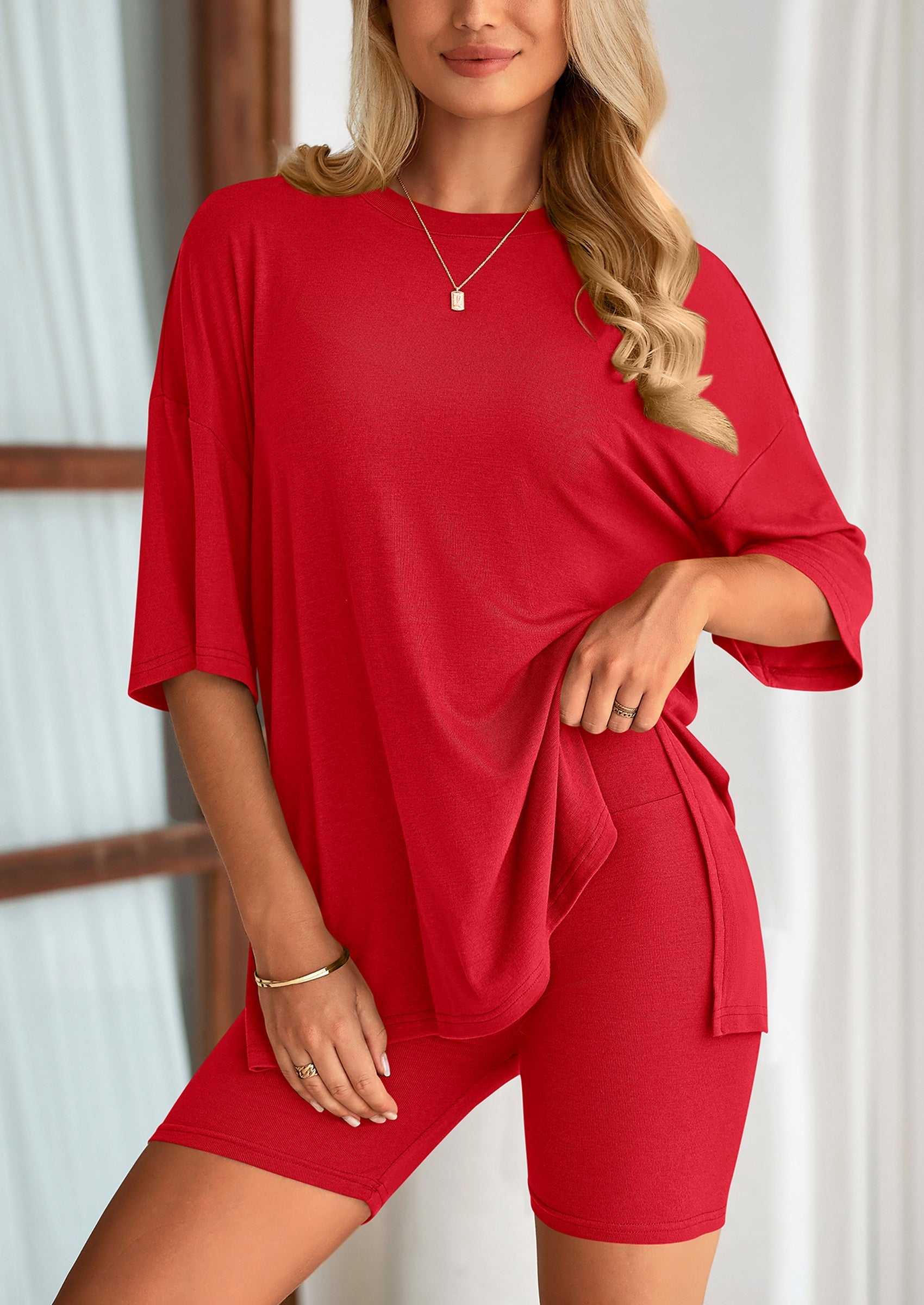 Women's Two Piece Lounge Set Summer Casual Oversized Shirts Biker Shorts Matching Airport Travel Outfit