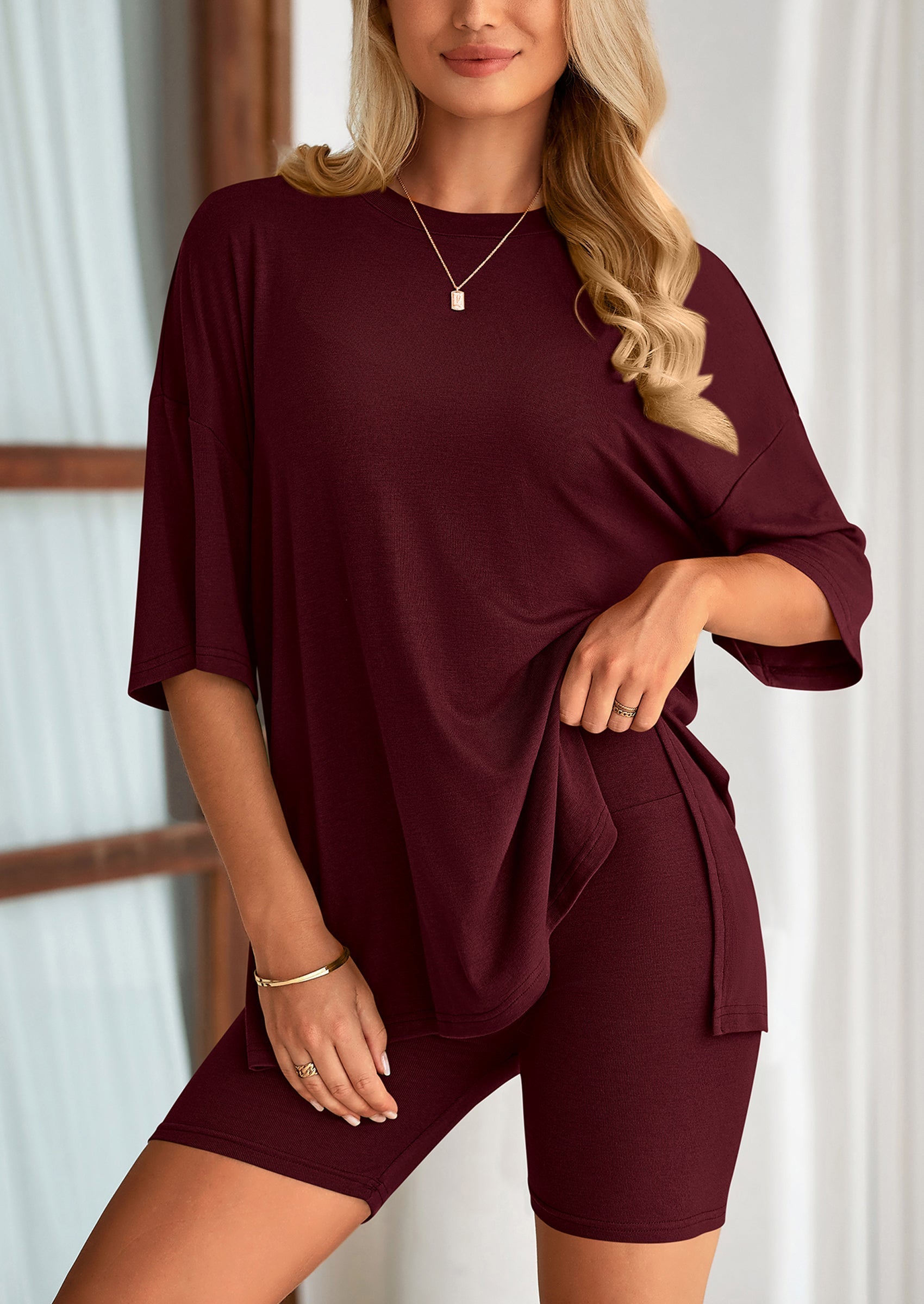 Women's Two Piece Lounge Set Summer Casual Oversized Shirts Biker Shorts Matching Airport Travel Outfit