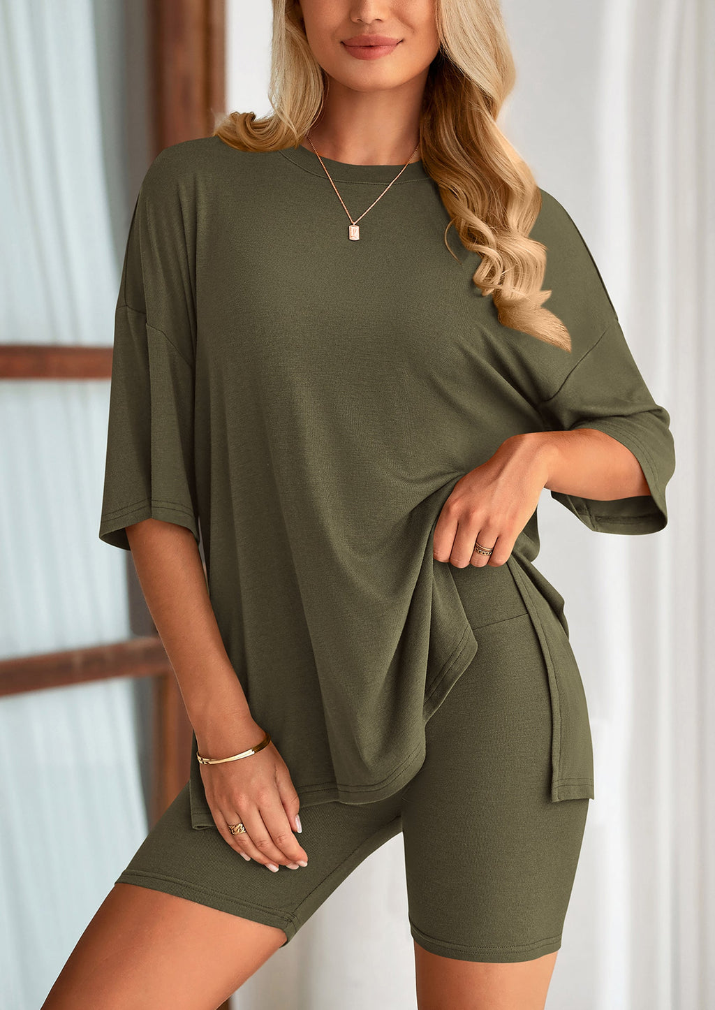 Women's Two Piece Lounge Set Summer Casual Oversized Shirts Biker Shorts Matching Airport Travel Outfit