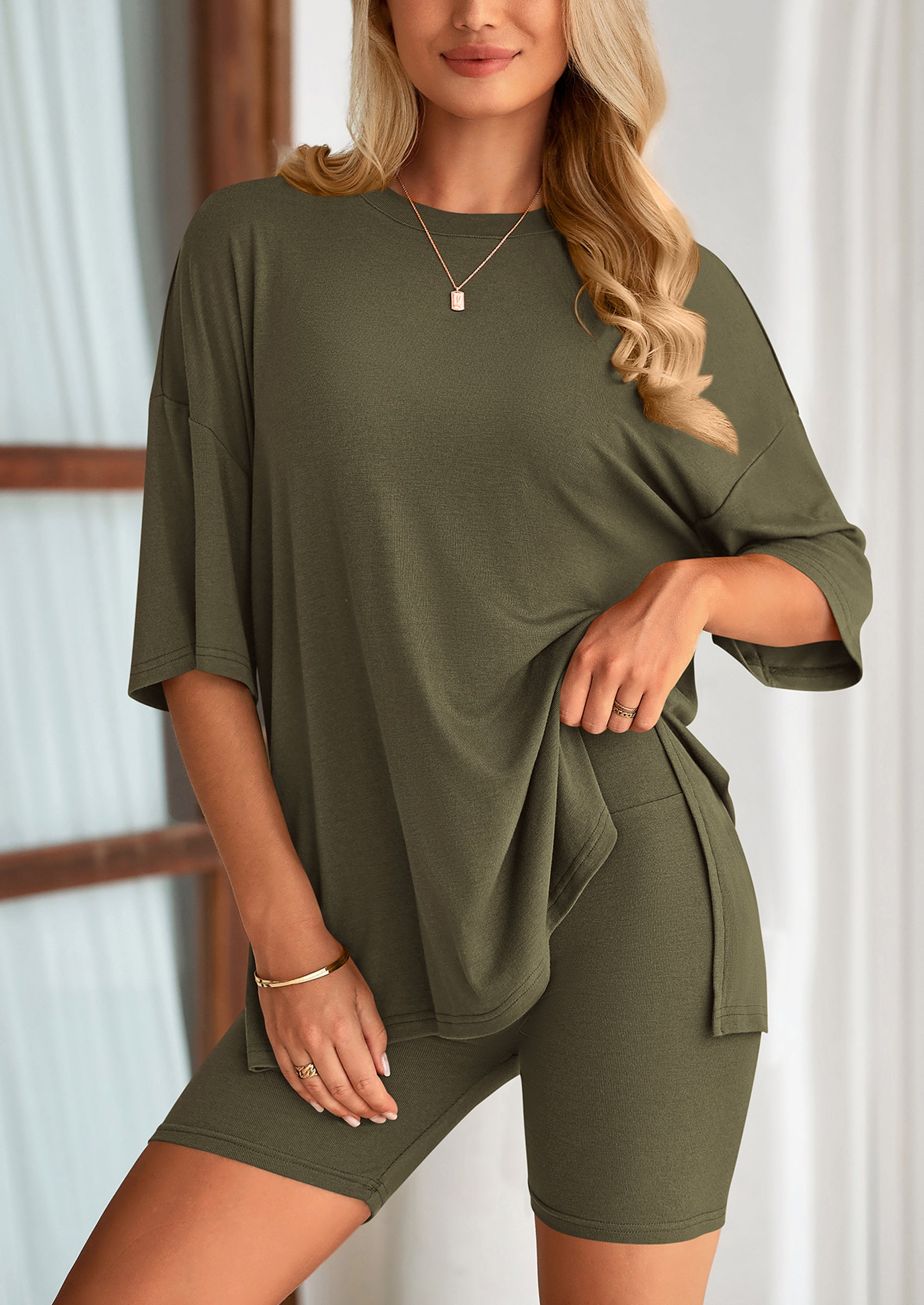 Women's Two Piece Lounge Set Summer Casual Oversized Shirts Biker Shorts Matching Airport Travel Outfit