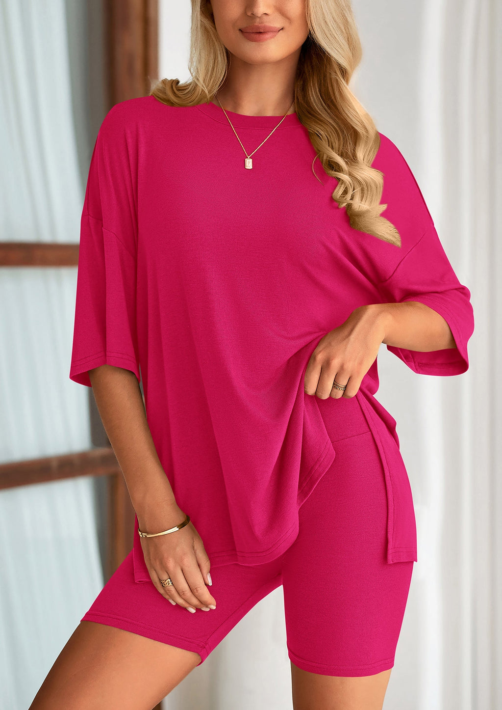 Women's Two Piece Lounge Set Summer Casual Oversized Shirts Biker Shorts Matching Airport Travel Outfit