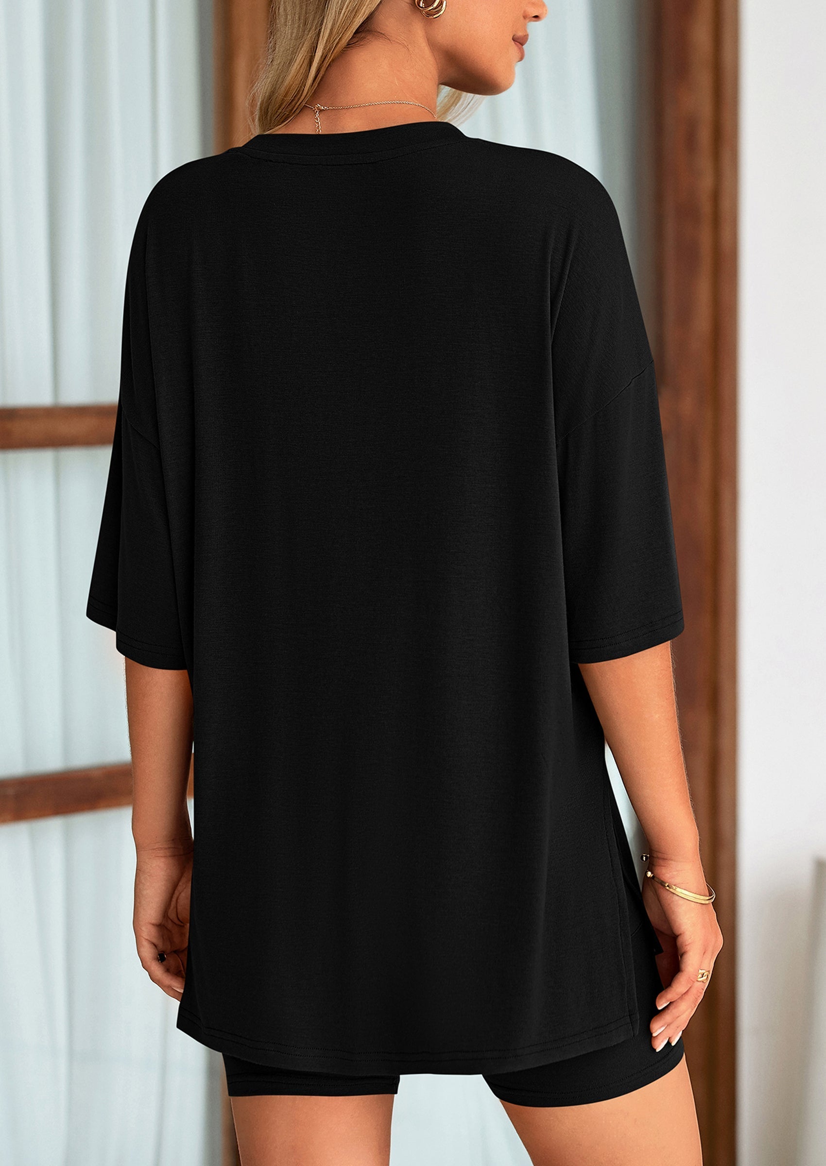 Women's Two Piece Lounge Set Summer Casual Oversized Shirts Biker Shorts Matching Airport Travel Outfit