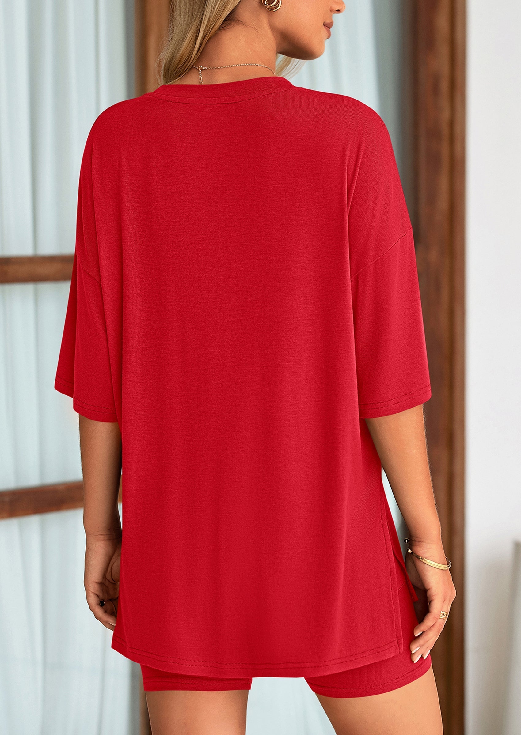 Women's Two Piece Lounge Set Summer Casual Oversized Shirts Biker Shorts Matching Airport Travel Outfit