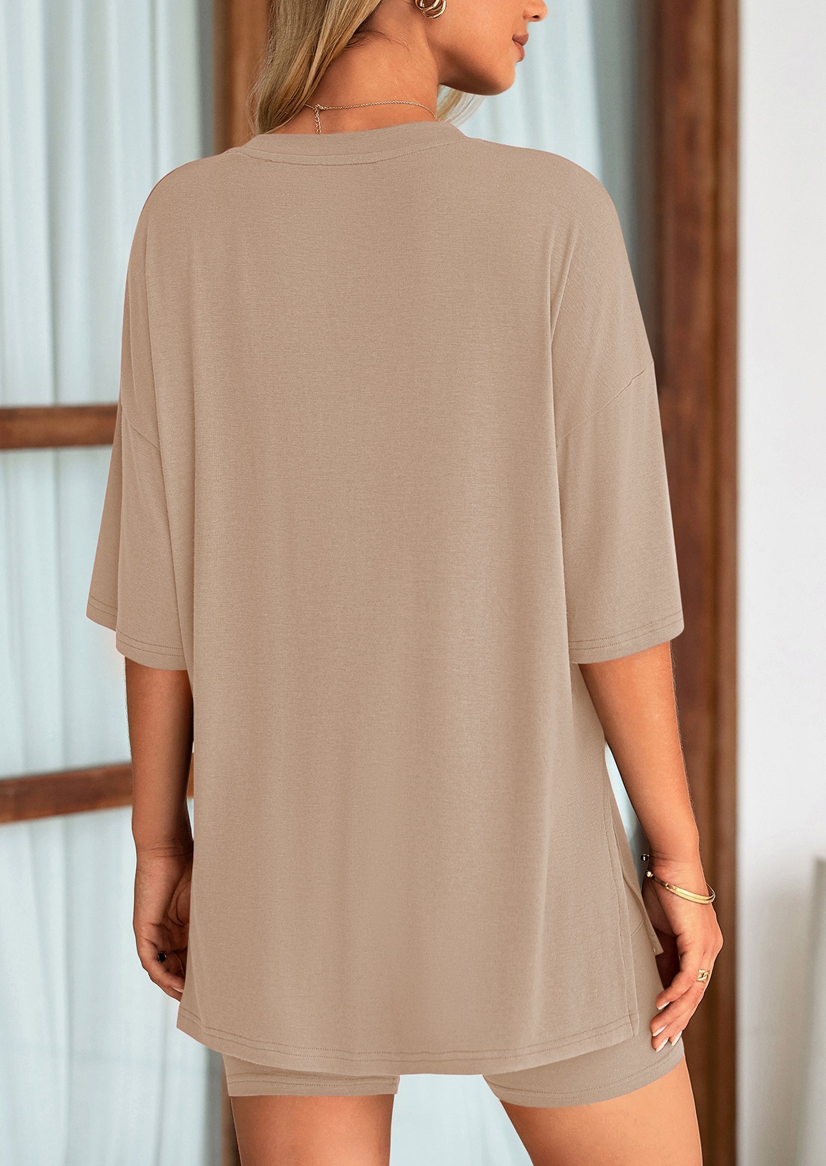 Women's Two Piece Lounge Set Summer Casual Oversized Shirts Biker Shorts Matching Airport Travel Outfit