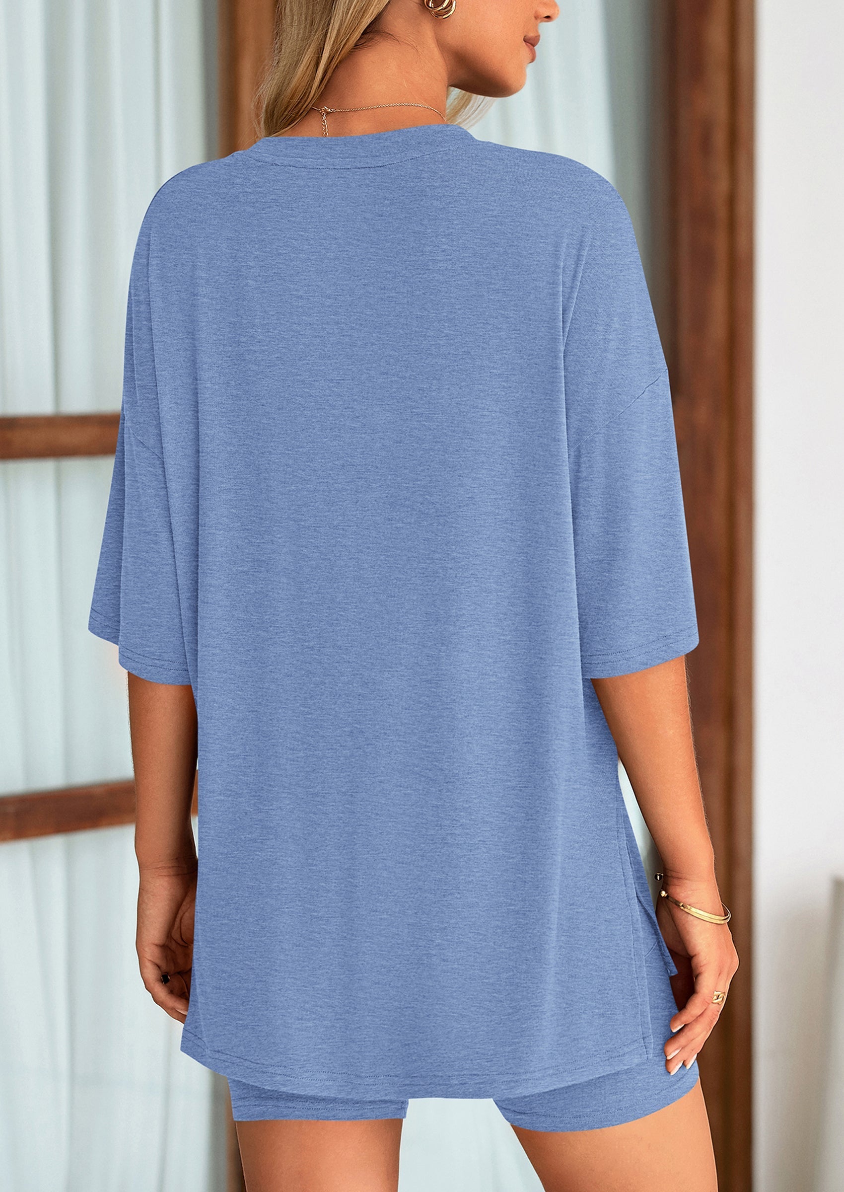 Women's Two Piece Lounge Set Summer Casual Oversized Shirts Biker Shorts Matching Airport Travel Outfit