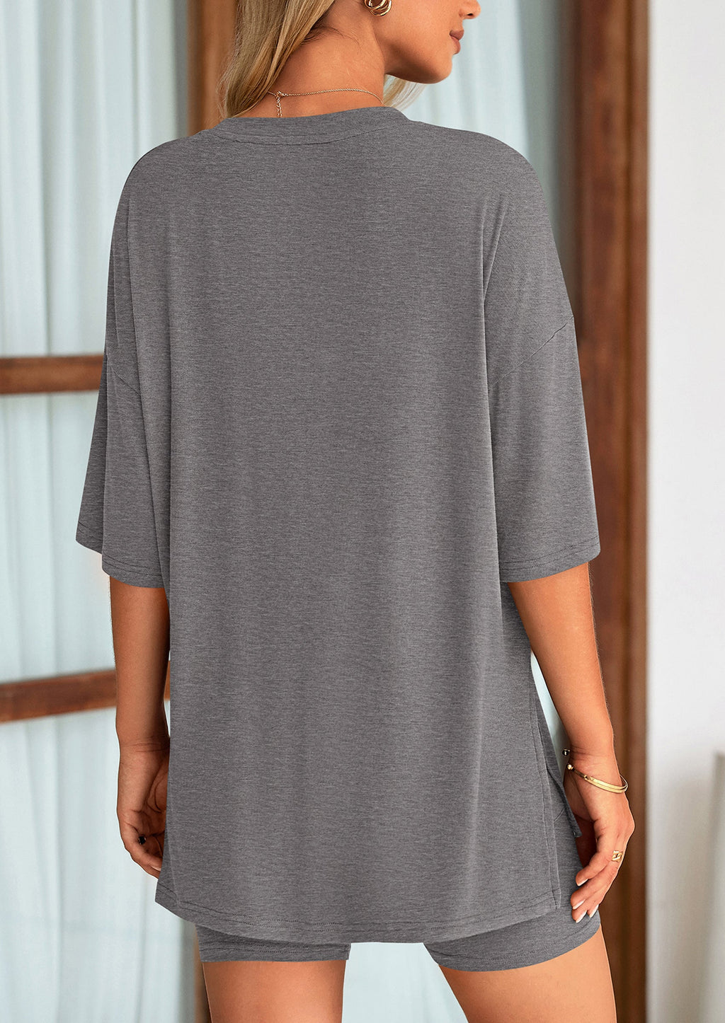 Women's Two Piece Lounge Set Summer Casual Oversized Shirts Biker Shorts Matching Airport Travel Outfit