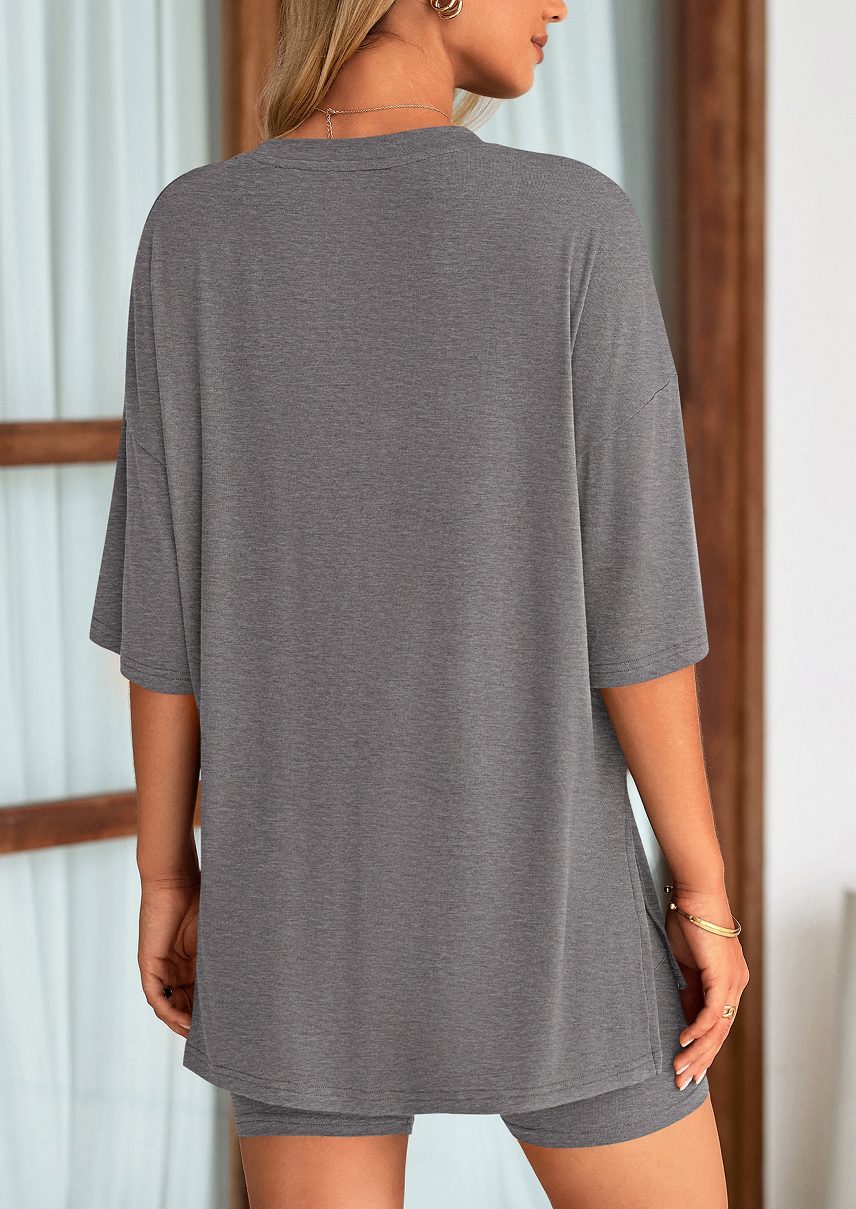 Women's Two Piece Lounge Set Summer Casual Oversized Shirts Biker Shorts Matching Airport Travel Outfit