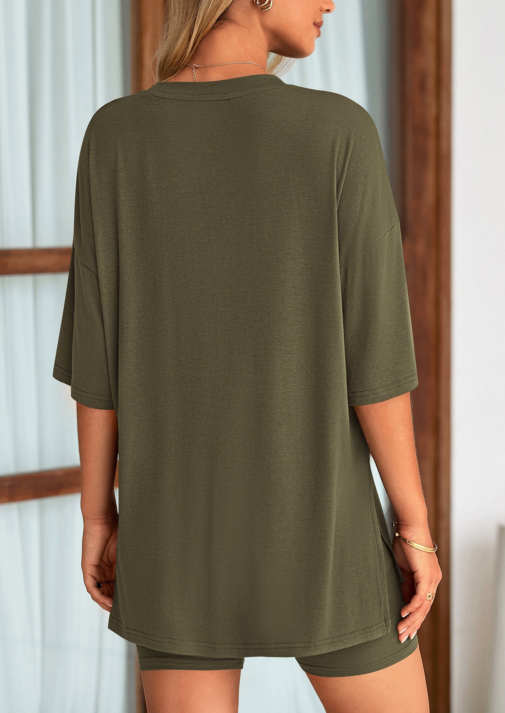 Women's Two Piece Lounge Set Summer Casual Oversized Shirts Biker Shorts Matching Airport Travel Outfit
