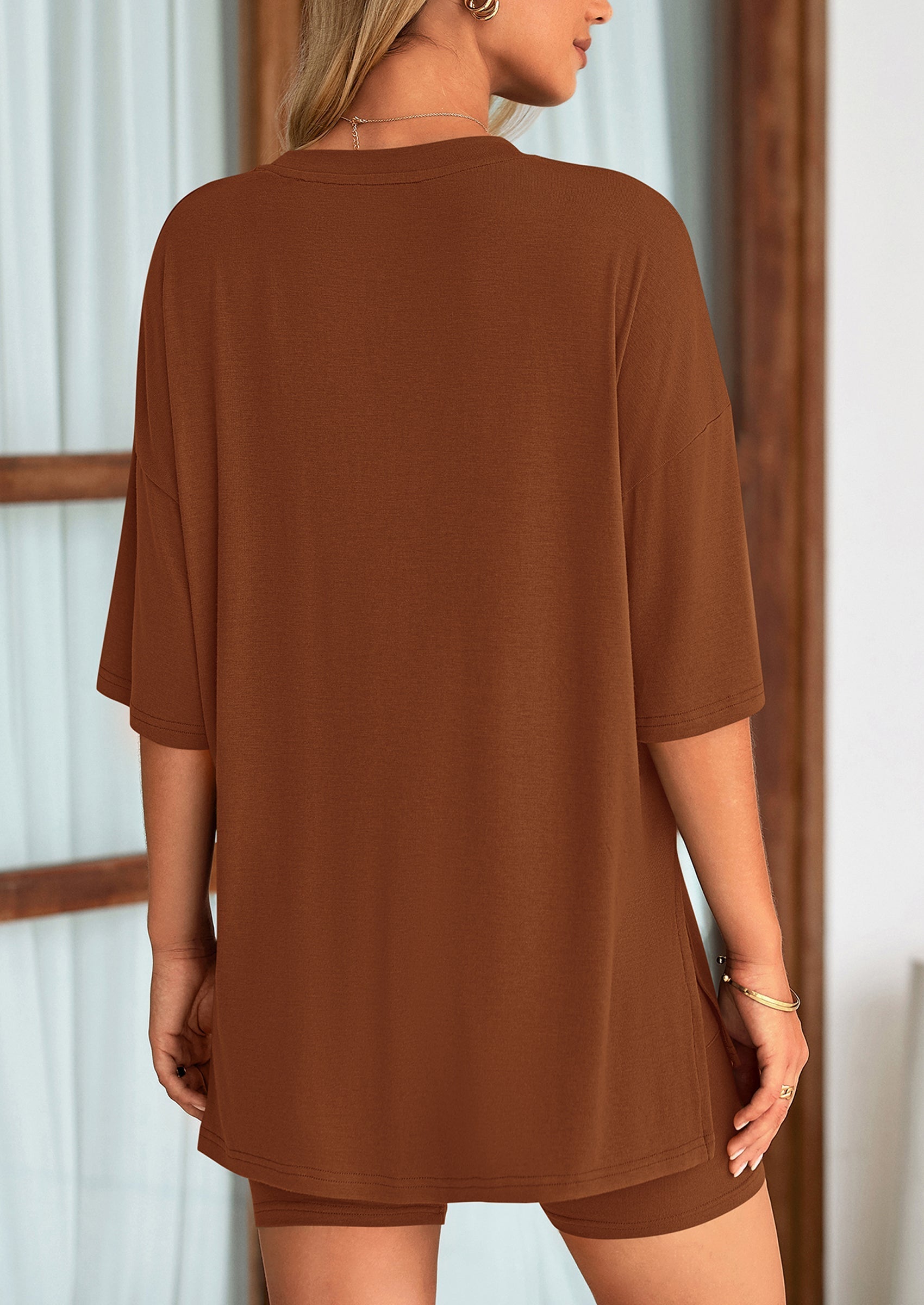 Women's Two Piece Lounge Set Summer Casual Oversized Shirts Biker Shorts Matching Airport Travel Outfit