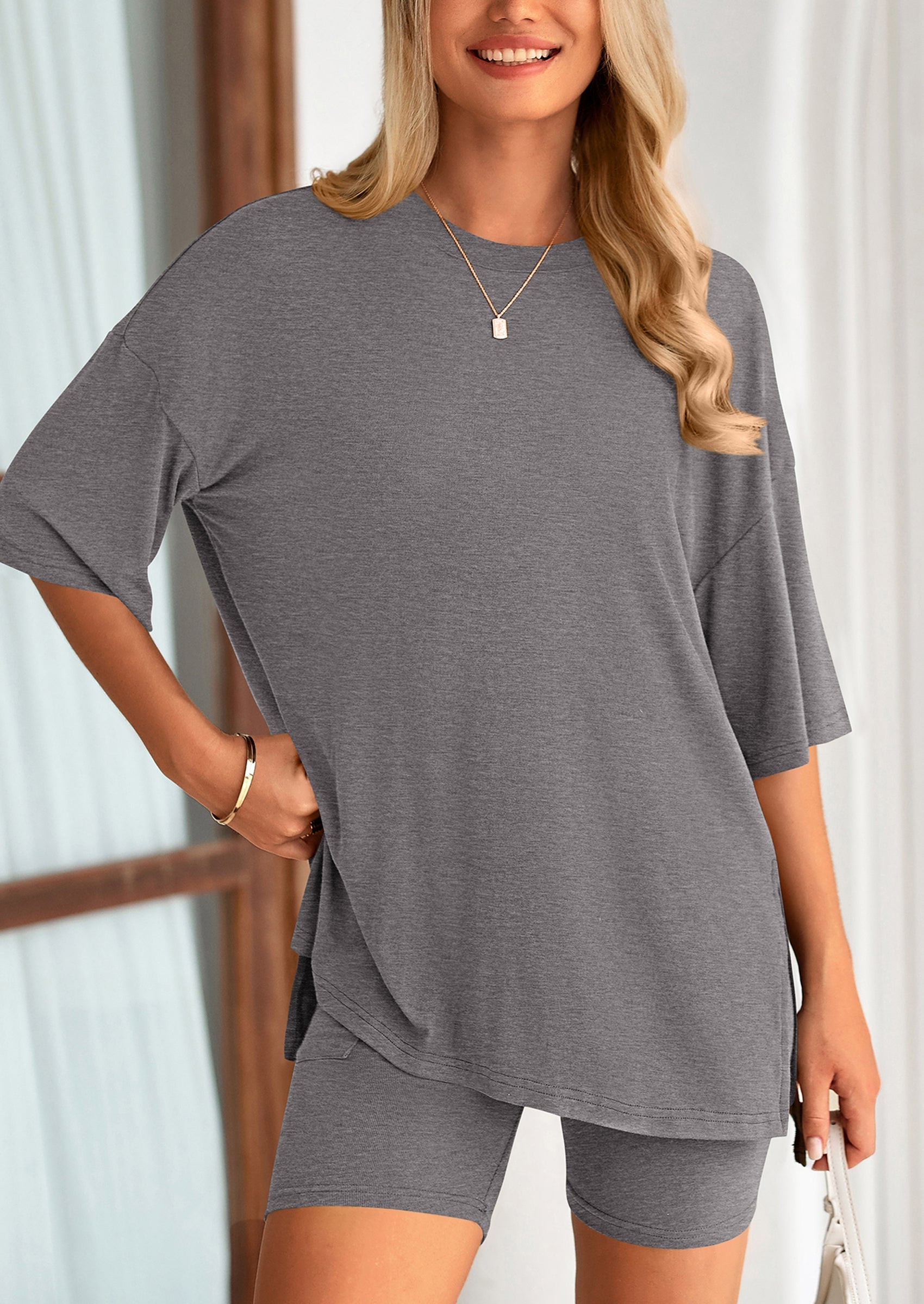 Women's Two Piece Lounge Set Summer Casual Oversized Shirts Biker Shorts Matching Airport Travel Outfit