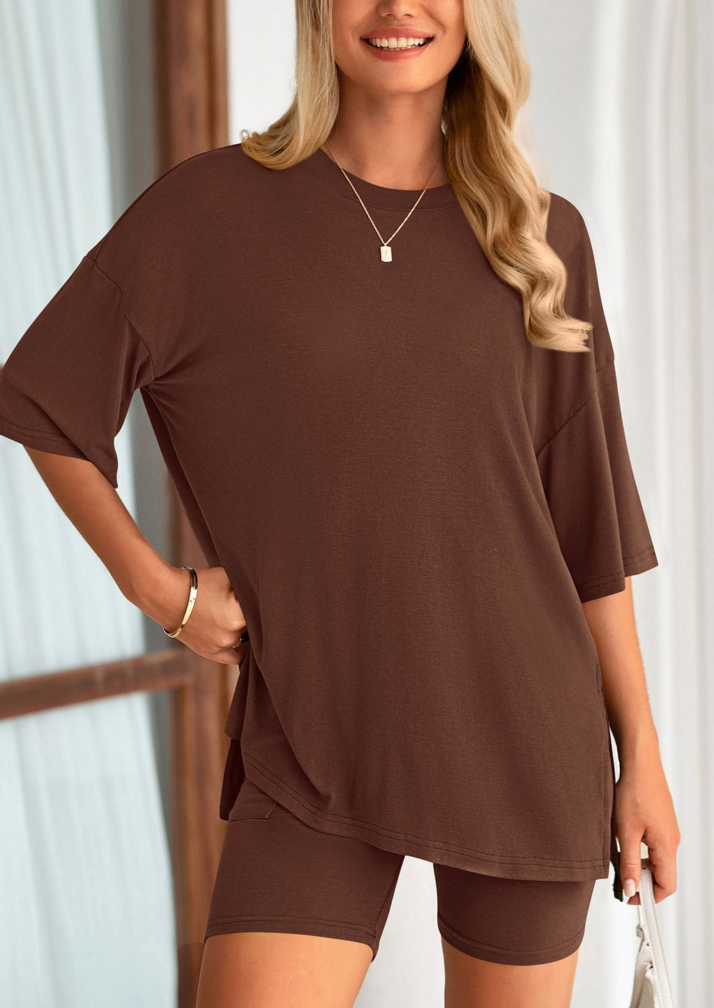 Women's Two Piece Lounge Set Summer Casual Oversized Shirts Biker Shorts Matching Airport Travel Outfit