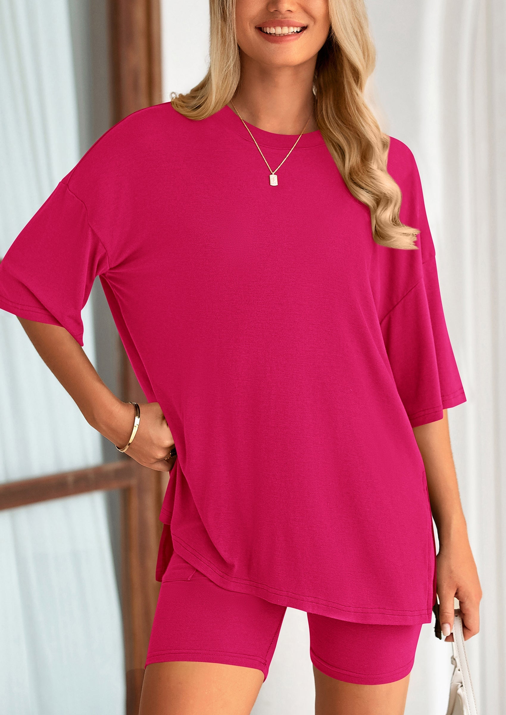 Women's Two Piece Lounge Set Summer Casual Oversized Shirts Biker Shorts Matching Airport Travel Outfit