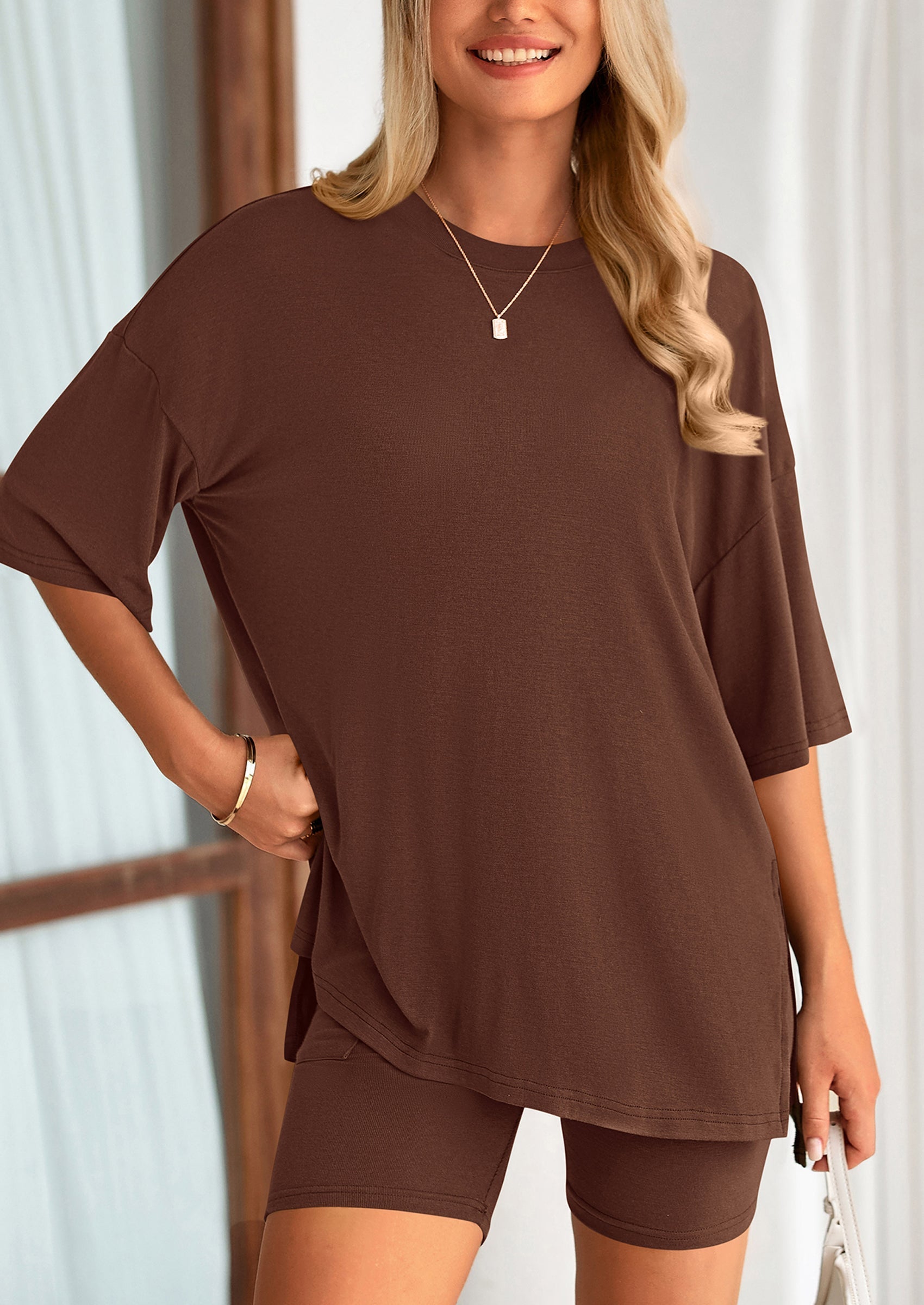 Women's Two Piece Lounge Set Summer Casual Oversized Shirts Biker Shorts Matching Airport Travel Outfit