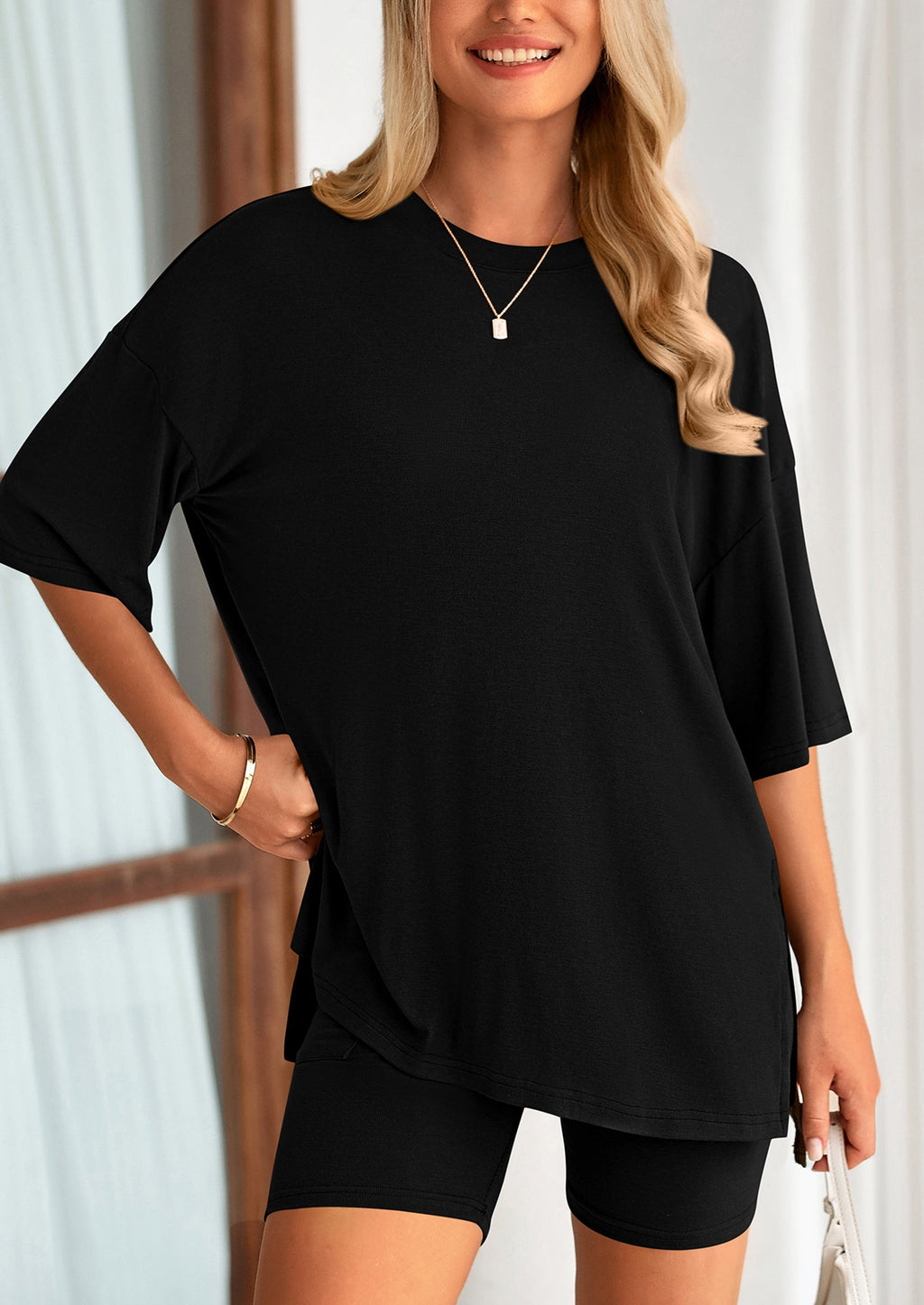 Women's Two Piece Lounge Set Summer Casual Oversized Shirts Biker Shorts Matching Airport Travel Outfit