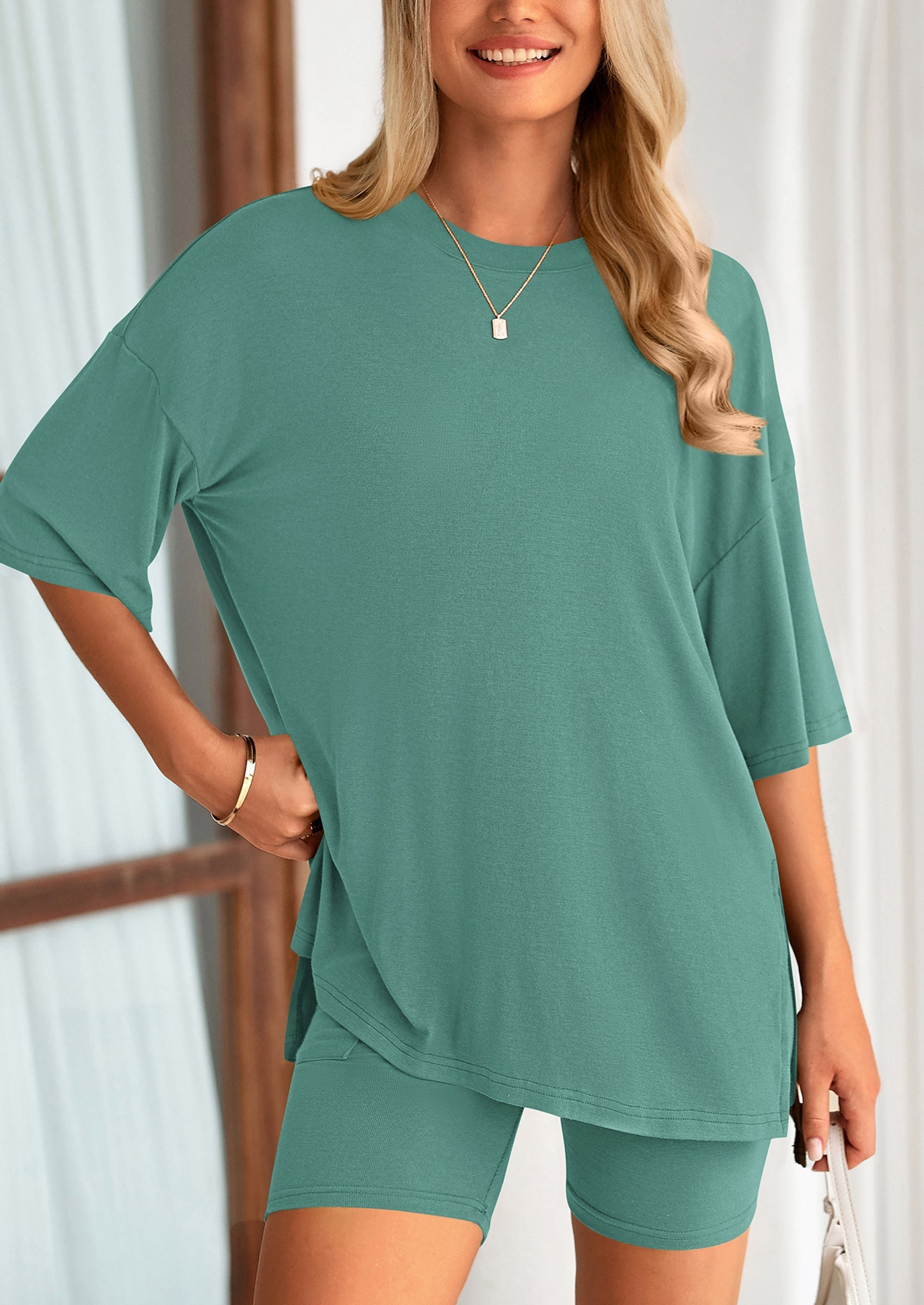Women's Two Piece Lounge Set Summer Casual Oversized Shirts Biker Shorts Matching Airport Travel Outfit