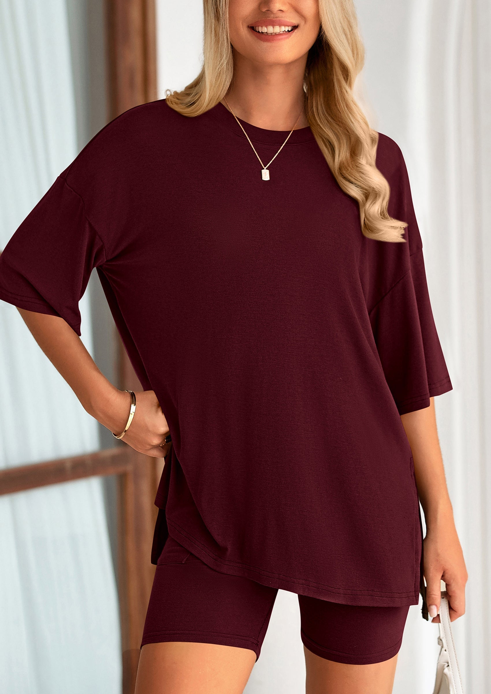 Women's Two Piece Lounge Set Summer Casual Oversized Shirts Biker Shorts Matching Airport Travel Outfit