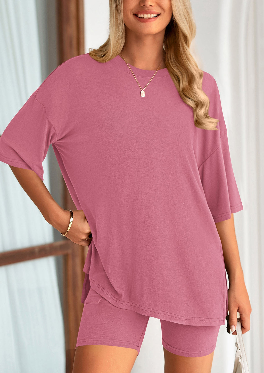 Women's Two Piece Lounge Set Summer Casual Oversized Shirts Biker Shorts Matching Airport Travel Outfit