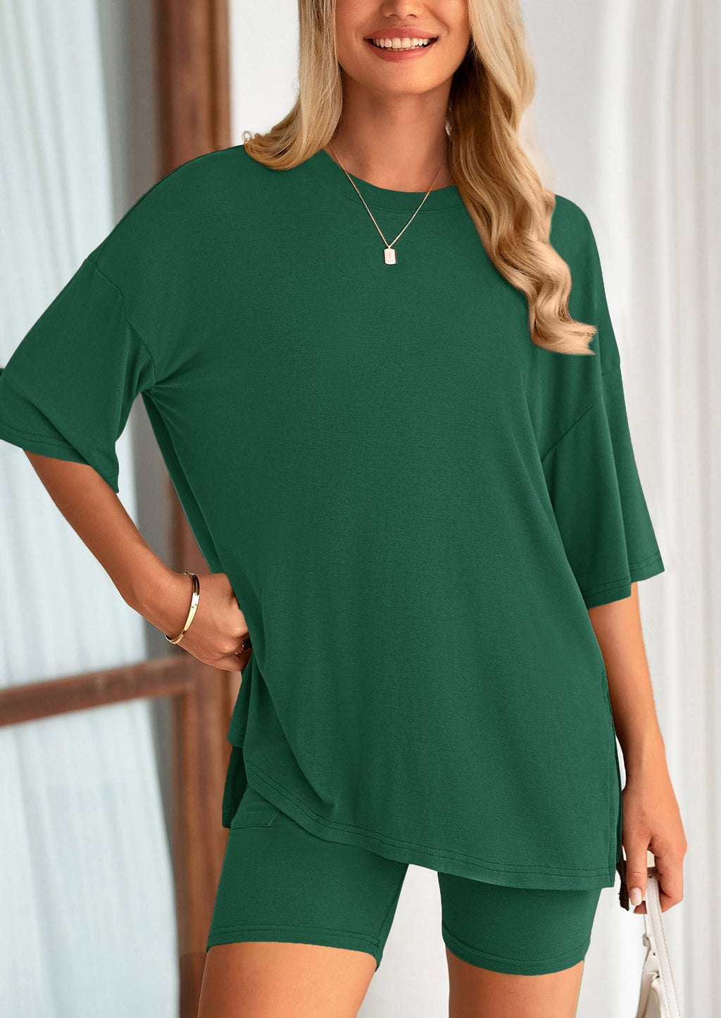 Women's Two Piece Lounge Set Summer Casual Oversized Shirts Biker Shorts Matching Airport Travel Outfit
