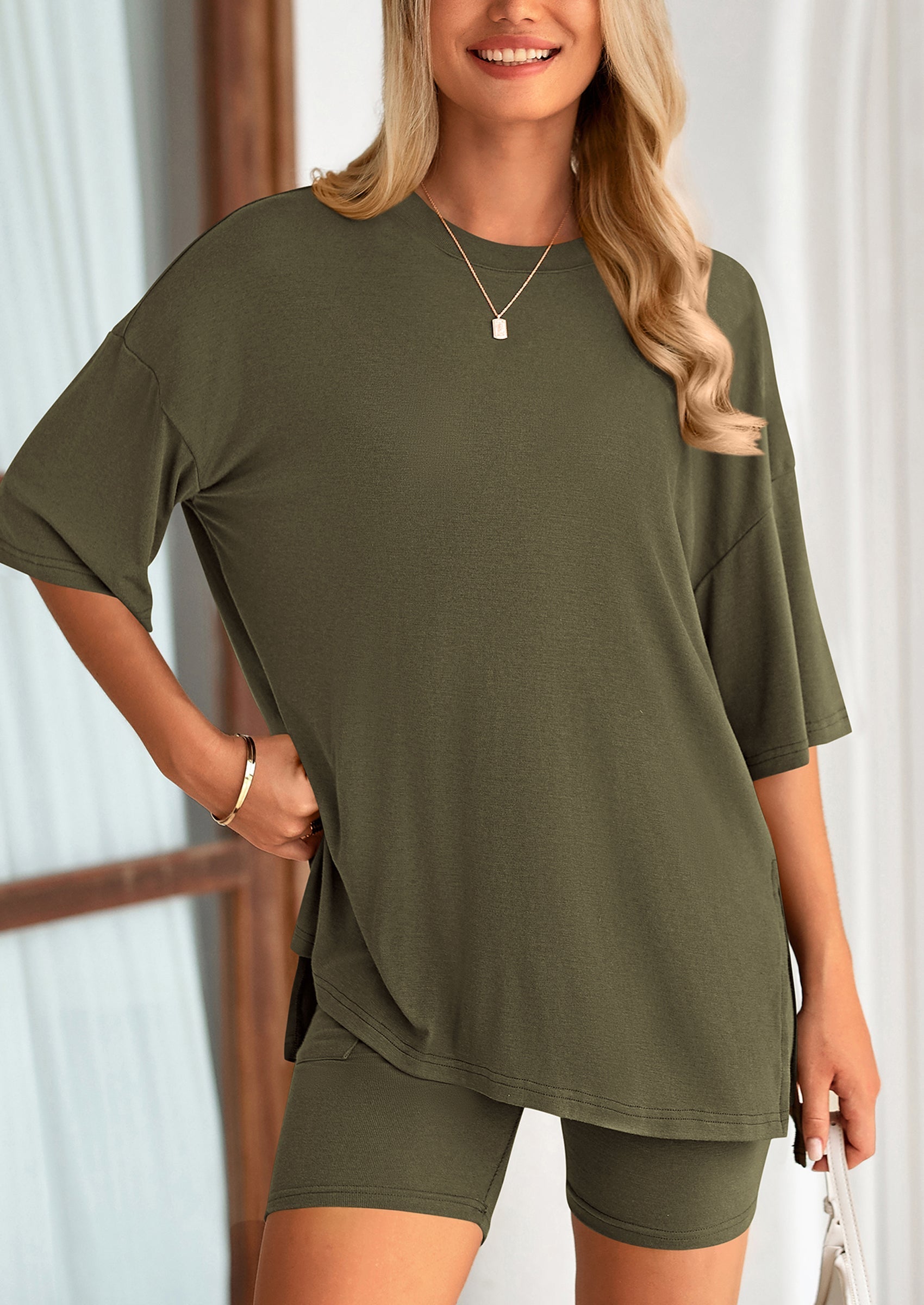 Women's Two Piece Lounge Set Summer Casual Oversized Shirts Biker Shorts Matching Airport Travel Outfit