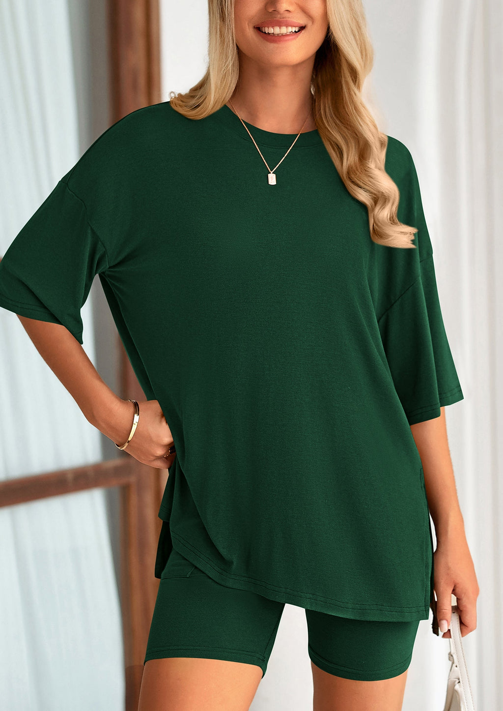 Women's Two Piece Lounge Set Summer Casual Oversized Shirts Biker Shorts Matching Airport Travel Outfit