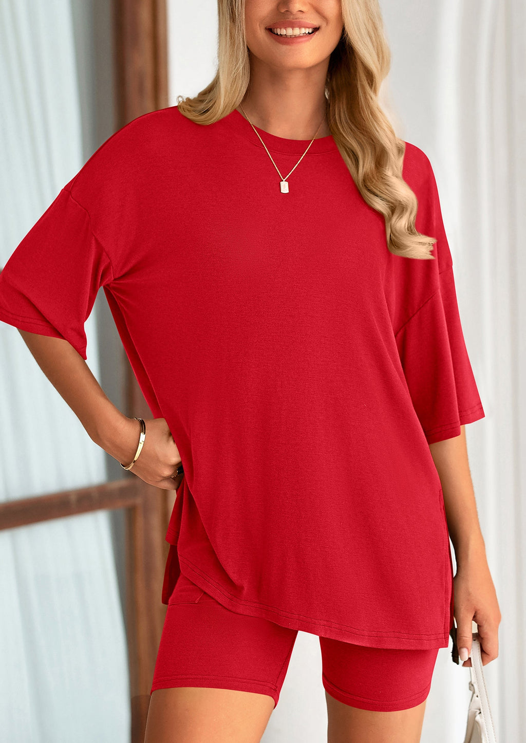 Women's Two Piece Lounge Set Summer Casual Oversized Shirts Biker Shorts Matching Airport Travel Outfit