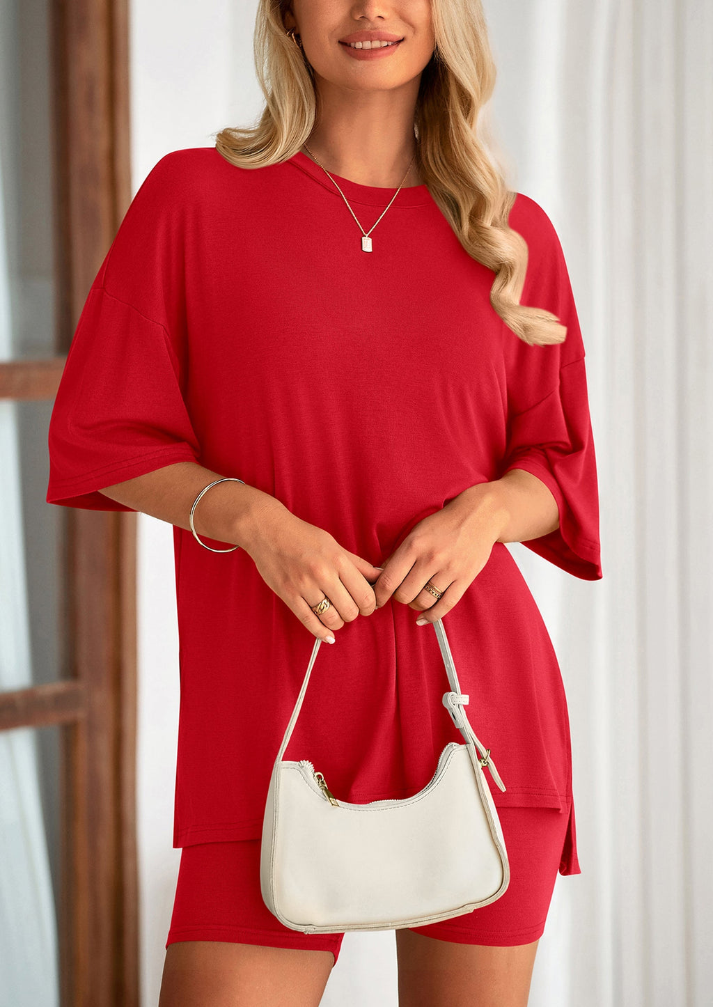 Women's Two Piece Lounge Set Summer Casual Oversized Shirts Biker Shorts Matching Airport Travel Outfit