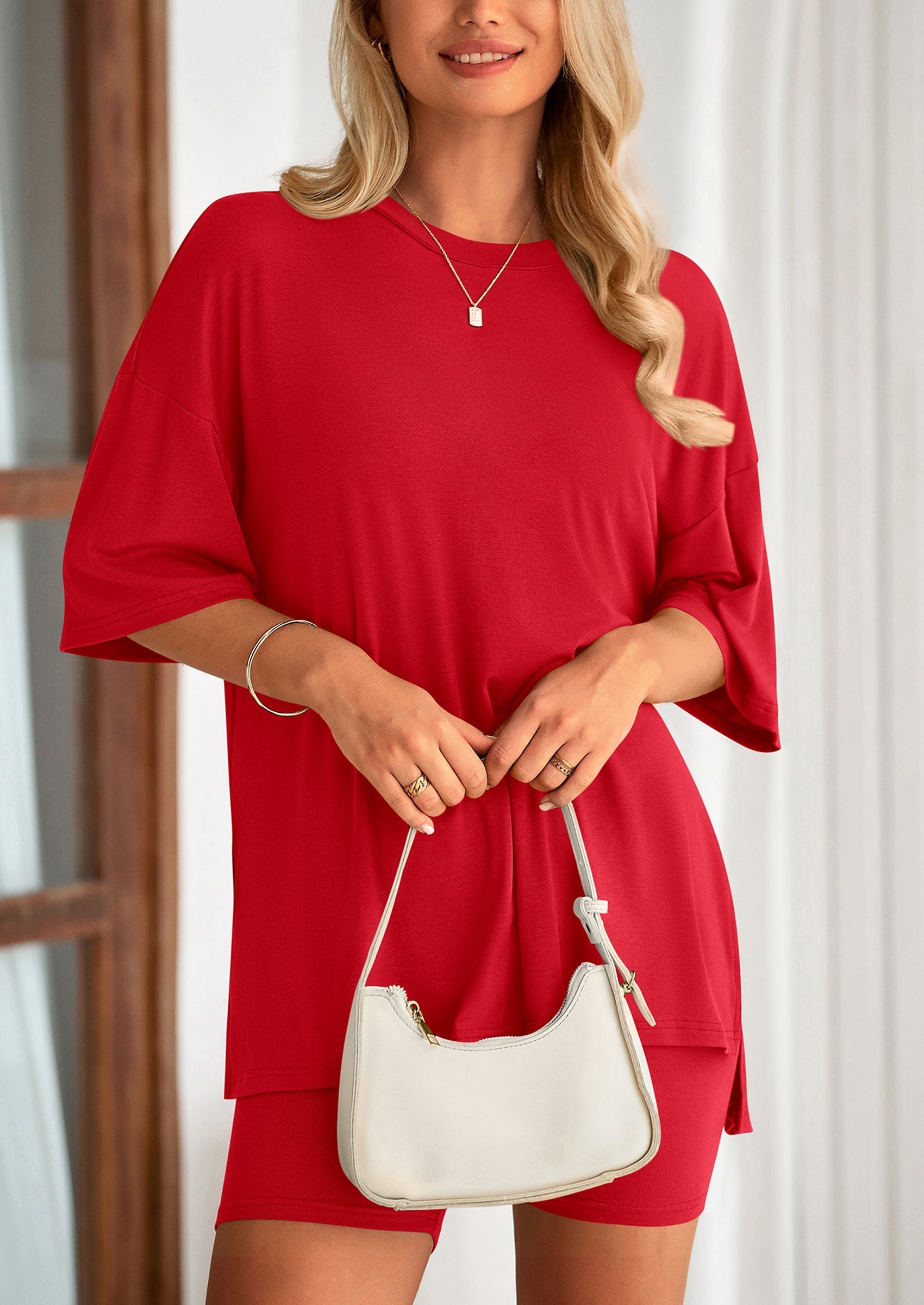Women's Two Piece Lounge Set Summer Casual Oversized Shirts Biker Shorts Matching Airport Travel Outfit