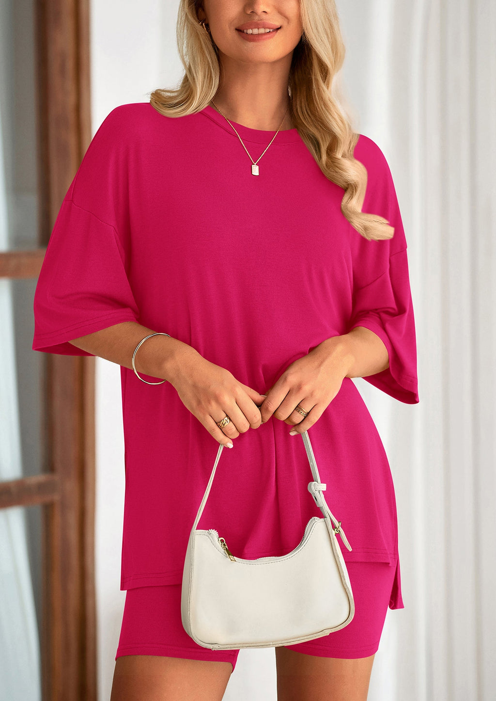 Women's Two Piece Lounge Set Summer Casual Oversized Shirts Biker Shorts Matching Airport Travel Outfit