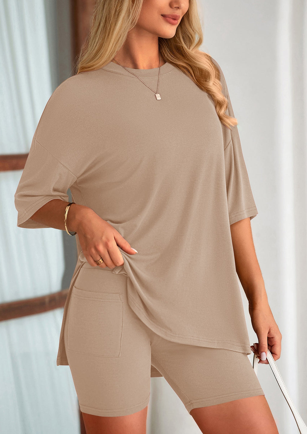 Women's Two Piece Lounge Set Summer Casual Oversized Shirts Biker Shorts Matching Airport Travel Outfit
