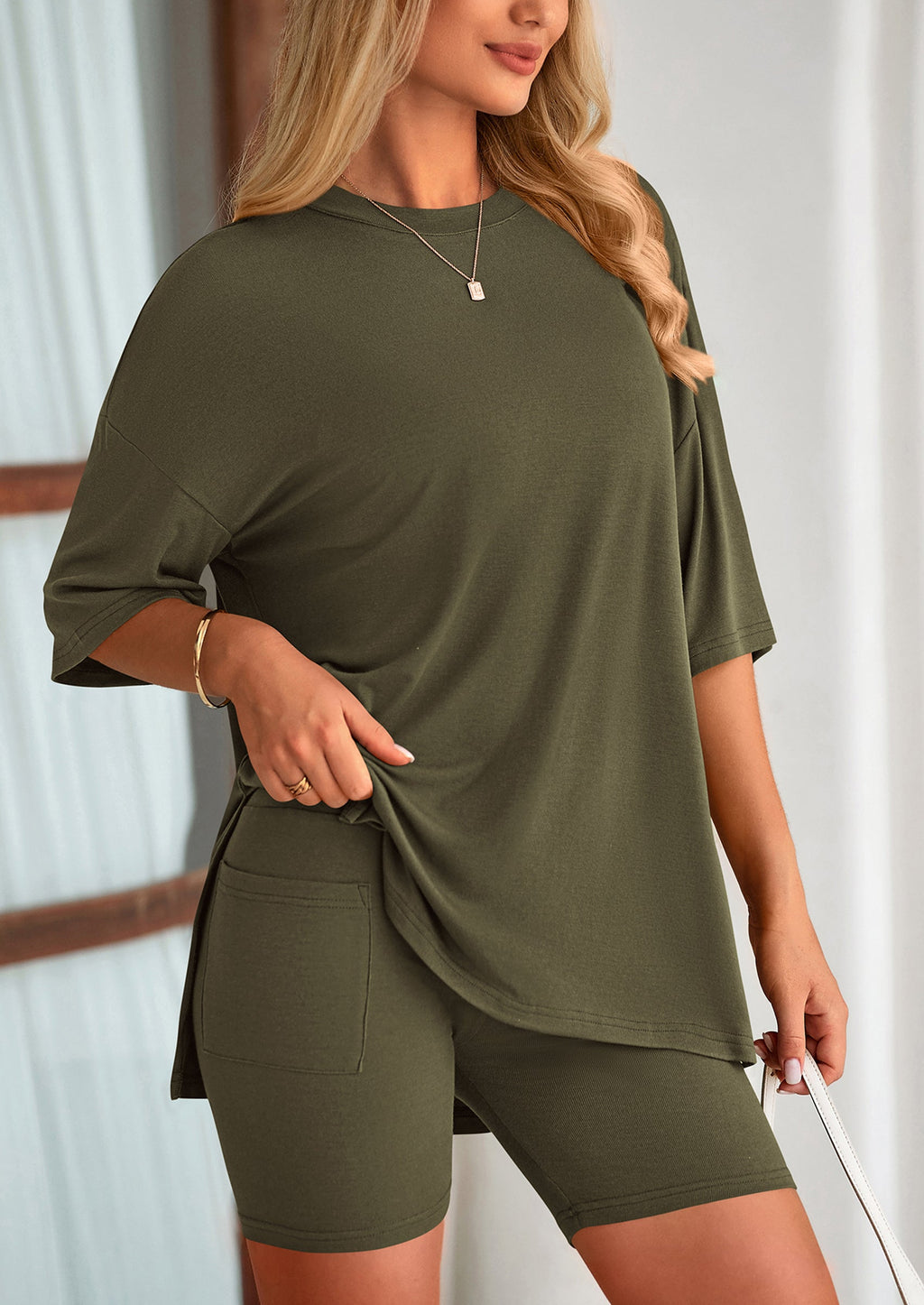 Women's Two Piece Lounge Set Summer Casual Oversized Shirts Biker Shorts Matching Airport Travel Outfit