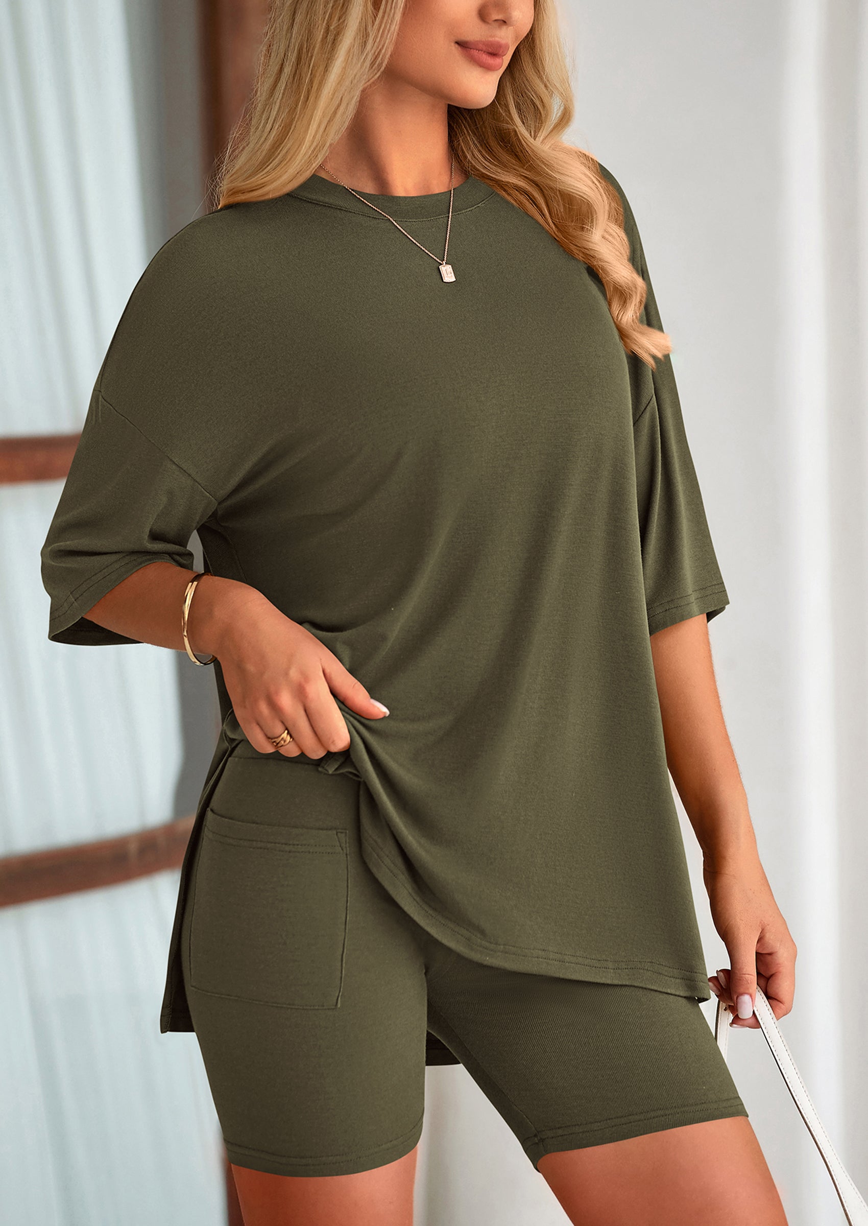 Women's Two Piece Lounge Set Summer Casual Oversized Shirts Biker Shorts Matching Airport Travel Outfit