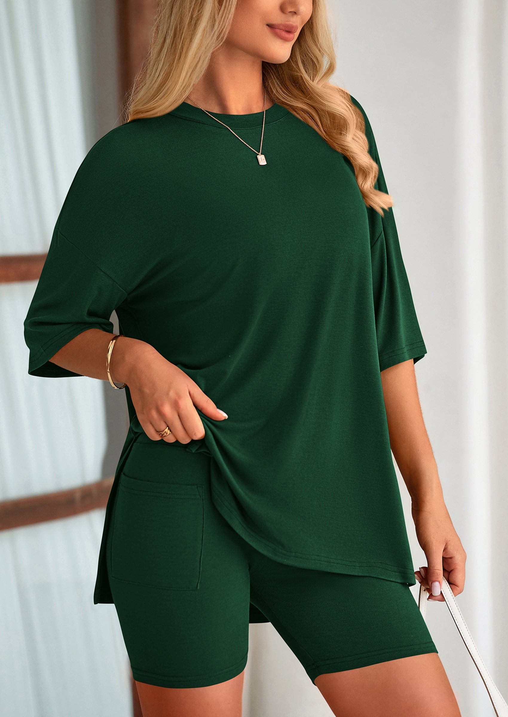Women's Two Piece Lounge Set Summer Casual Oversized Shirts Biker Shorts Matching Airport Travel Outfit