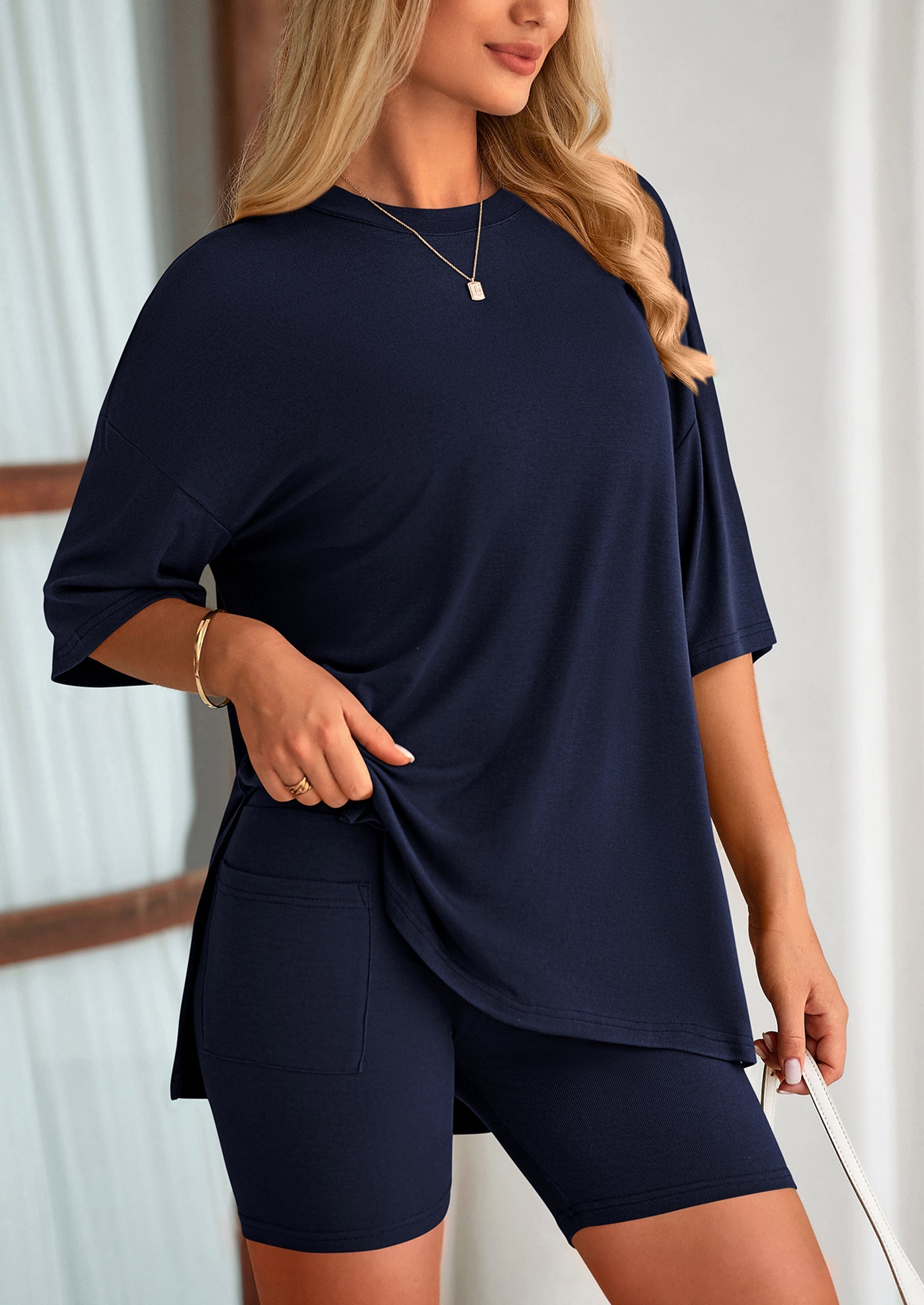 Women's Two Piece Lounge Set Summer Casual Oversized Shirts Biker Shorts Matching Airport Travel Outfit