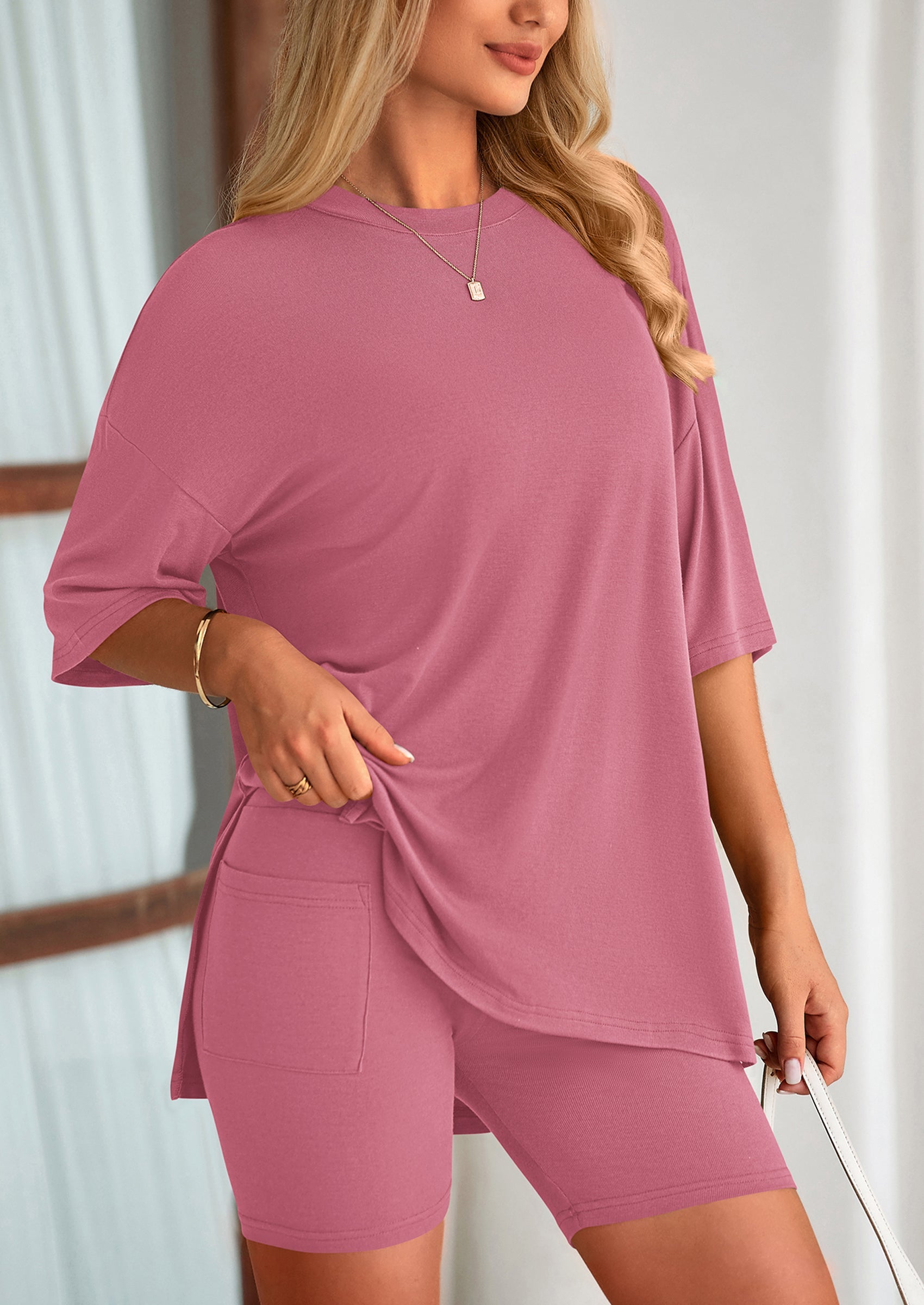Women's Two Piece Lounge Set Summer Casual Oversized Shirts Biker Shorts Matching Airport Travel Outfit