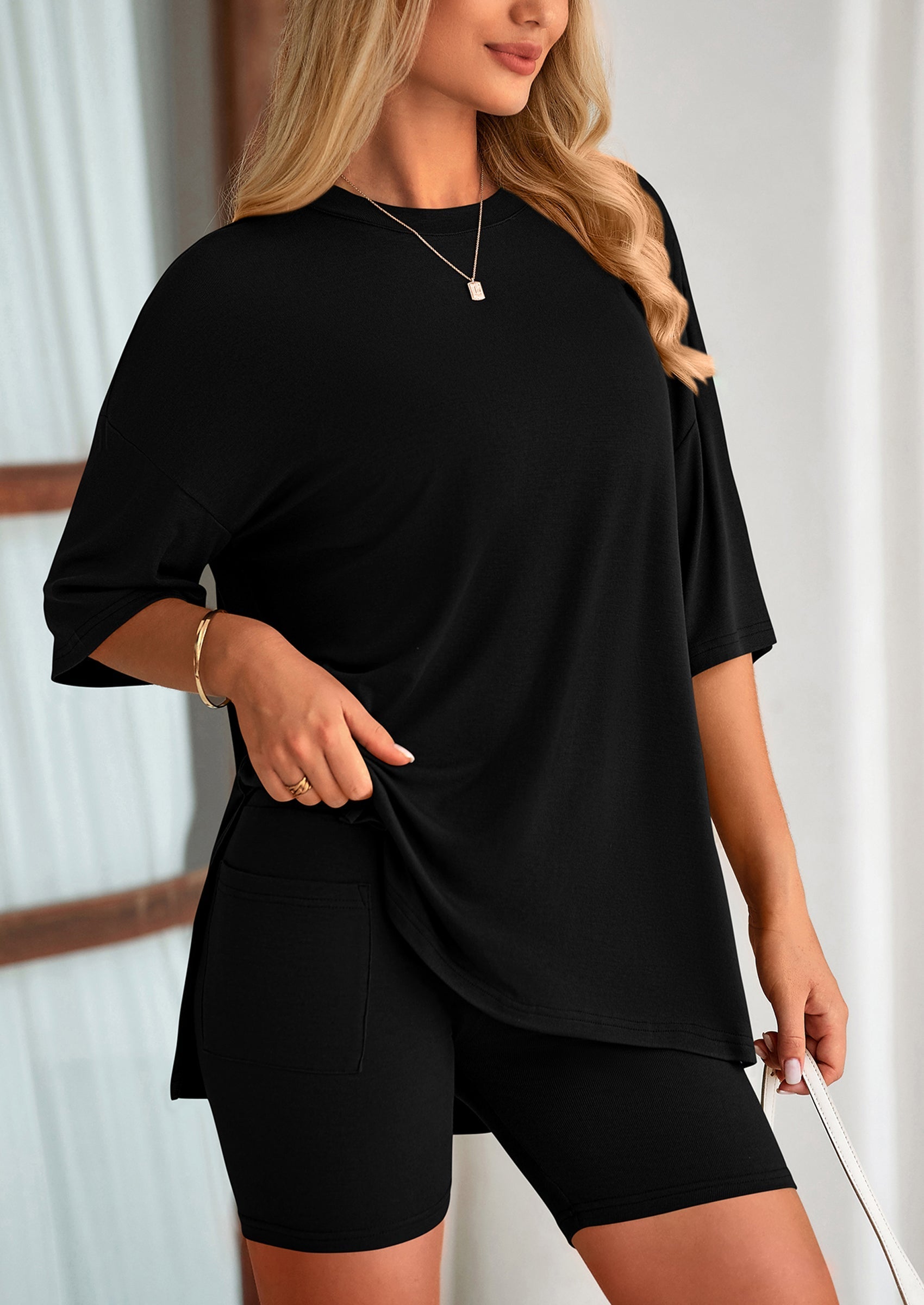 Women's Two Piece Lounge Set Summer Casual Oversized Shirts Biker Shorts Matching Airport Travel Outfit