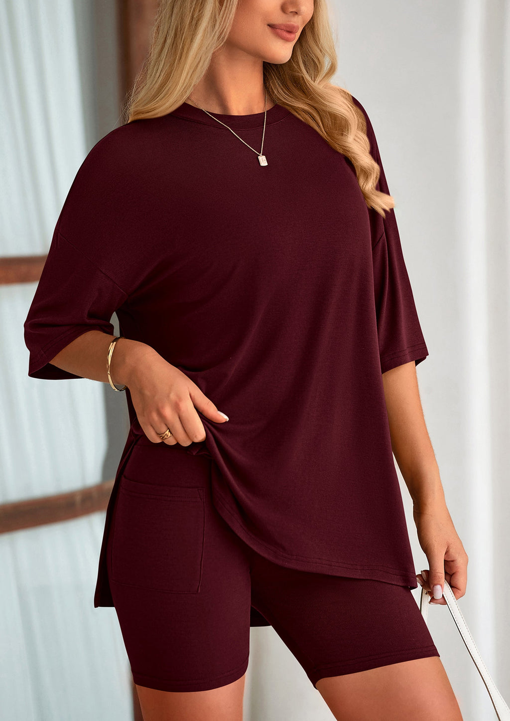 Women's Two Piece Lounge Set Summer Casual Oversized Shirts Biker Shorts Matching Airport Travel Outfit