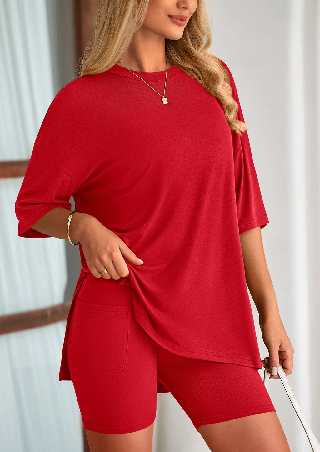 Women's Two Piece Lounge Set Summer Casual Oversized Shirts Biker Shorts Matching Airport Travel Outfit