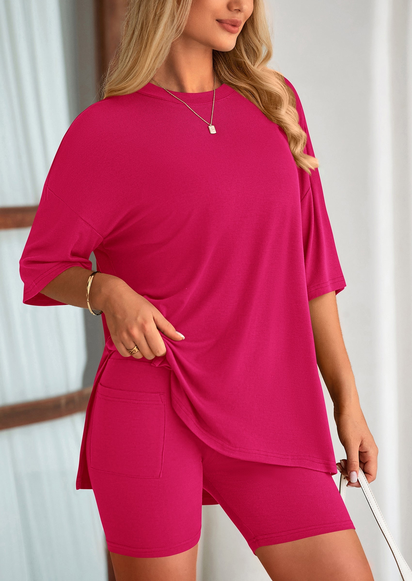 Women's Two Piece Lounge Set Summer Casual Oversized Shirts Biker Shorts Matching Airport Travel Outfit