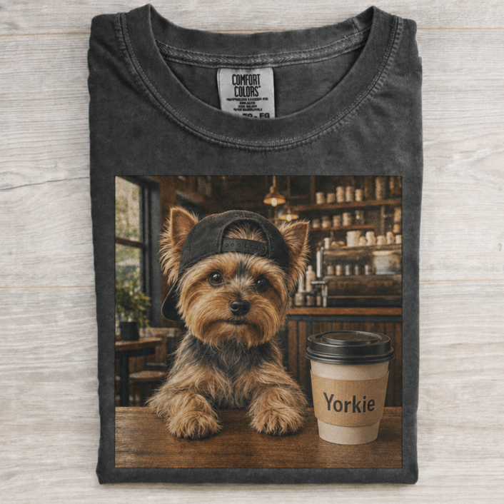 Lovely Yorkie Cozy Coffee Scene T-shirt