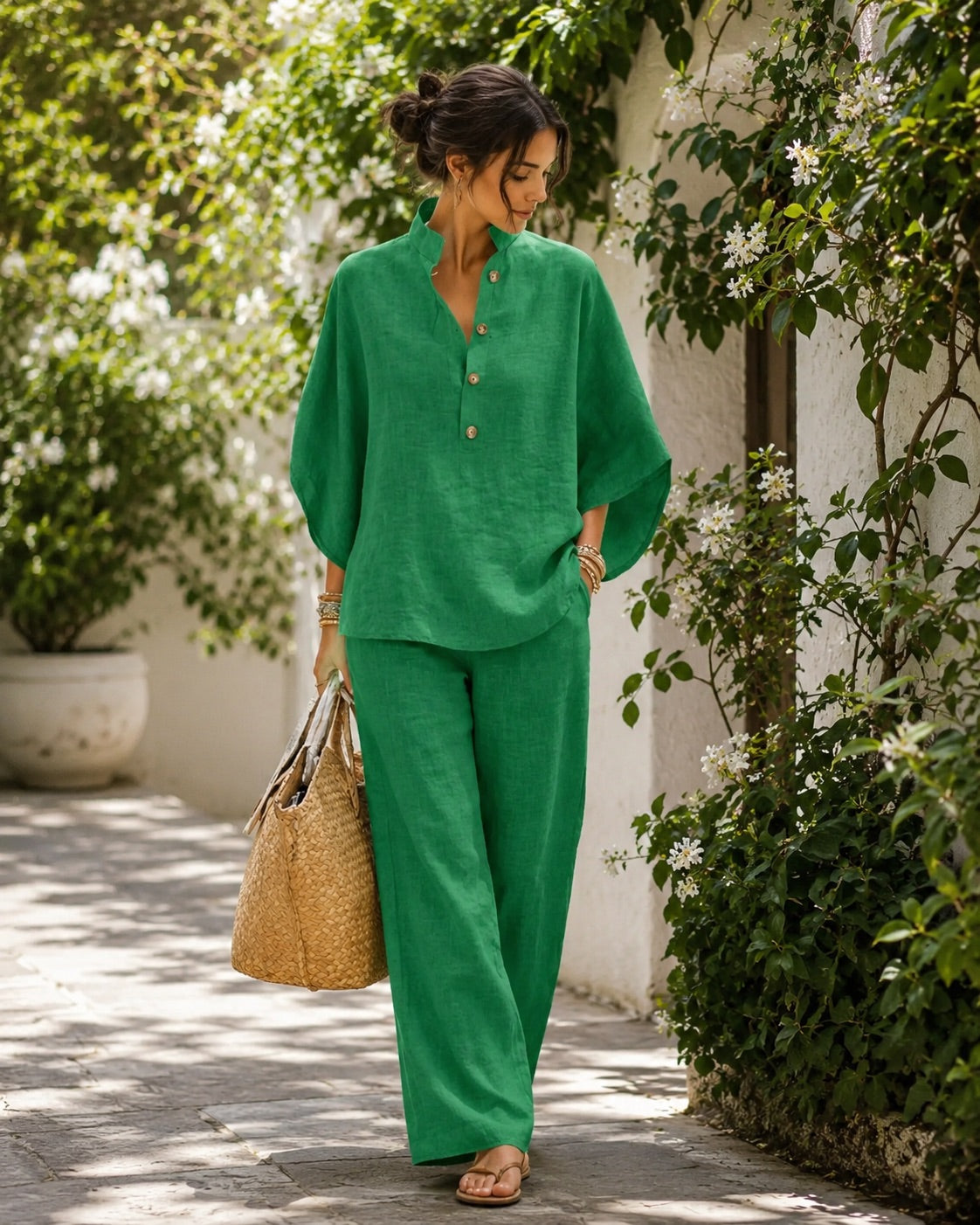 🔥60% OFF🔥Women's Batwing Sleeve Linen Cotton Two-Piece Set – Casual Shirt & Wide Leg Pants Outfit