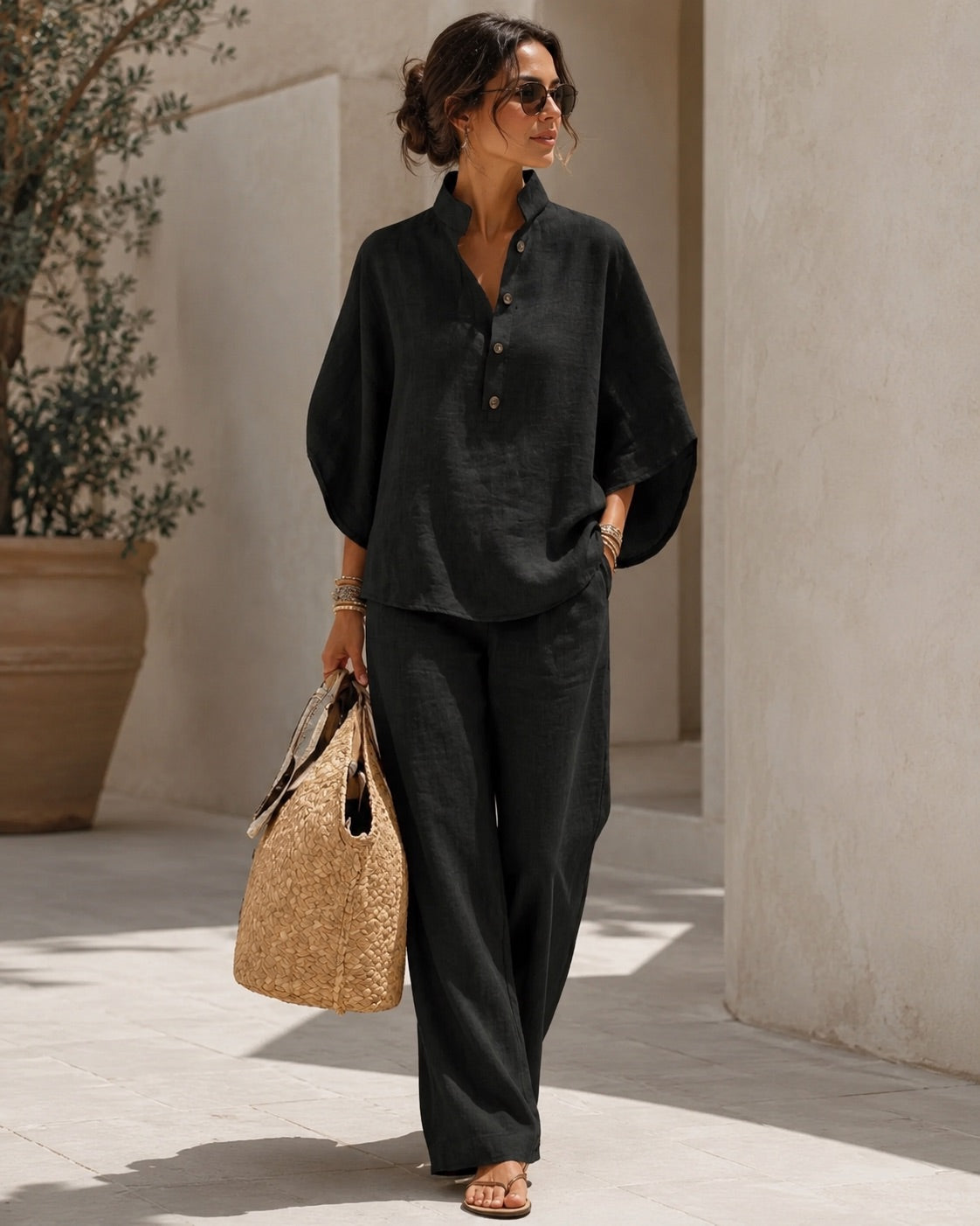 🔥60% OFF🔥Women's Batwing Sleeve Linen Cotton Two-Piece Set – Casual Shirt & Wide Leg Pants Outfit