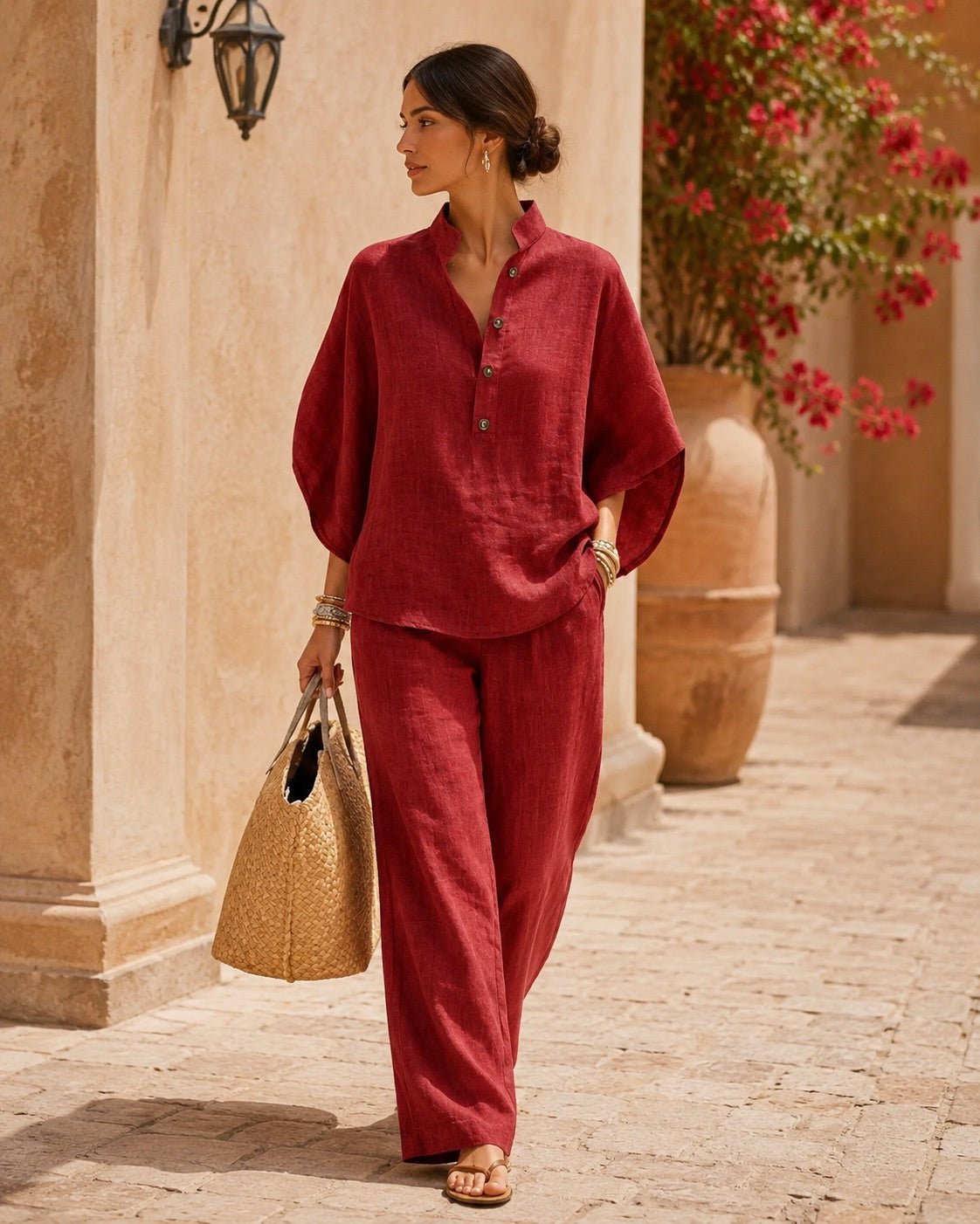 🔥60% OFF🔥Women's Batwing Sleeve Linen Cotton Two-Piece Set – Casual Shirt & Wide Leg Pants Outfit