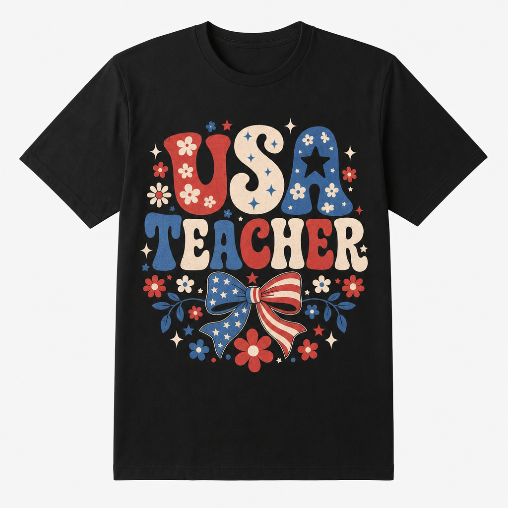 Retro Floral USA Teacher T-Shirt - original no-watermark mockup